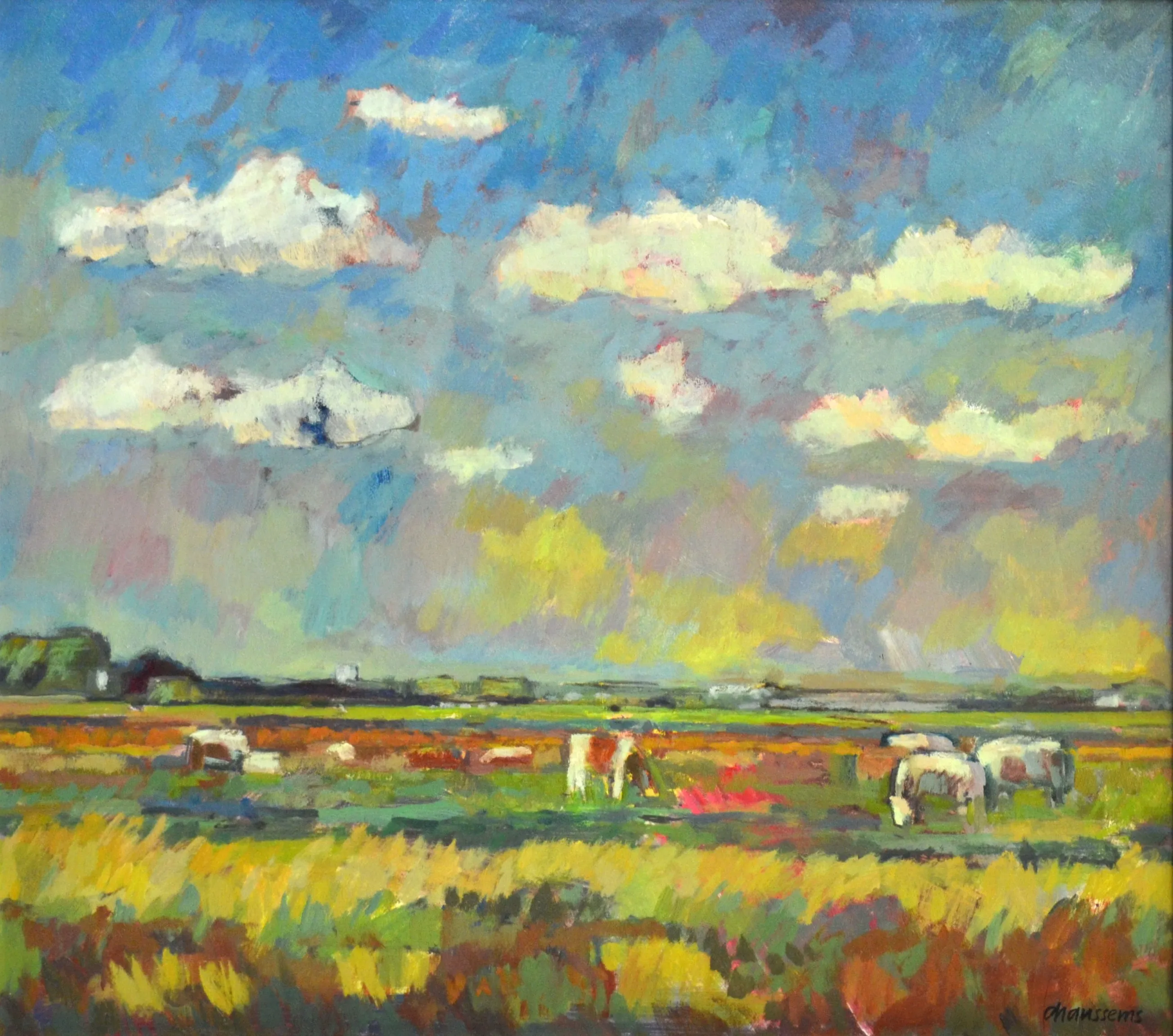 Impressionist painting of a rural landscape with grazing cows under a bright, partly cloudy sky.