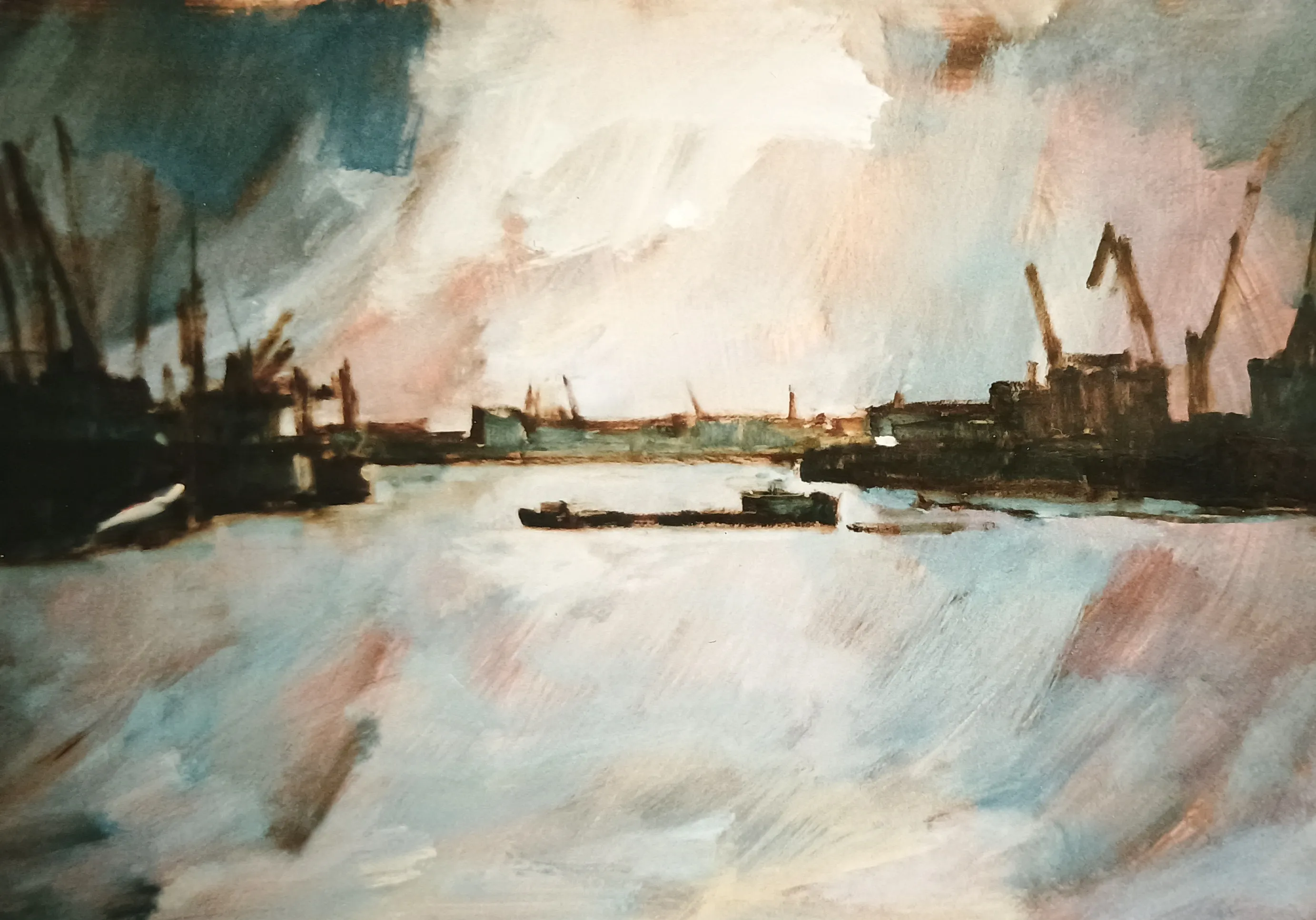 Impressionist painting of a harbor with cranes and boats under a cloudy sky.