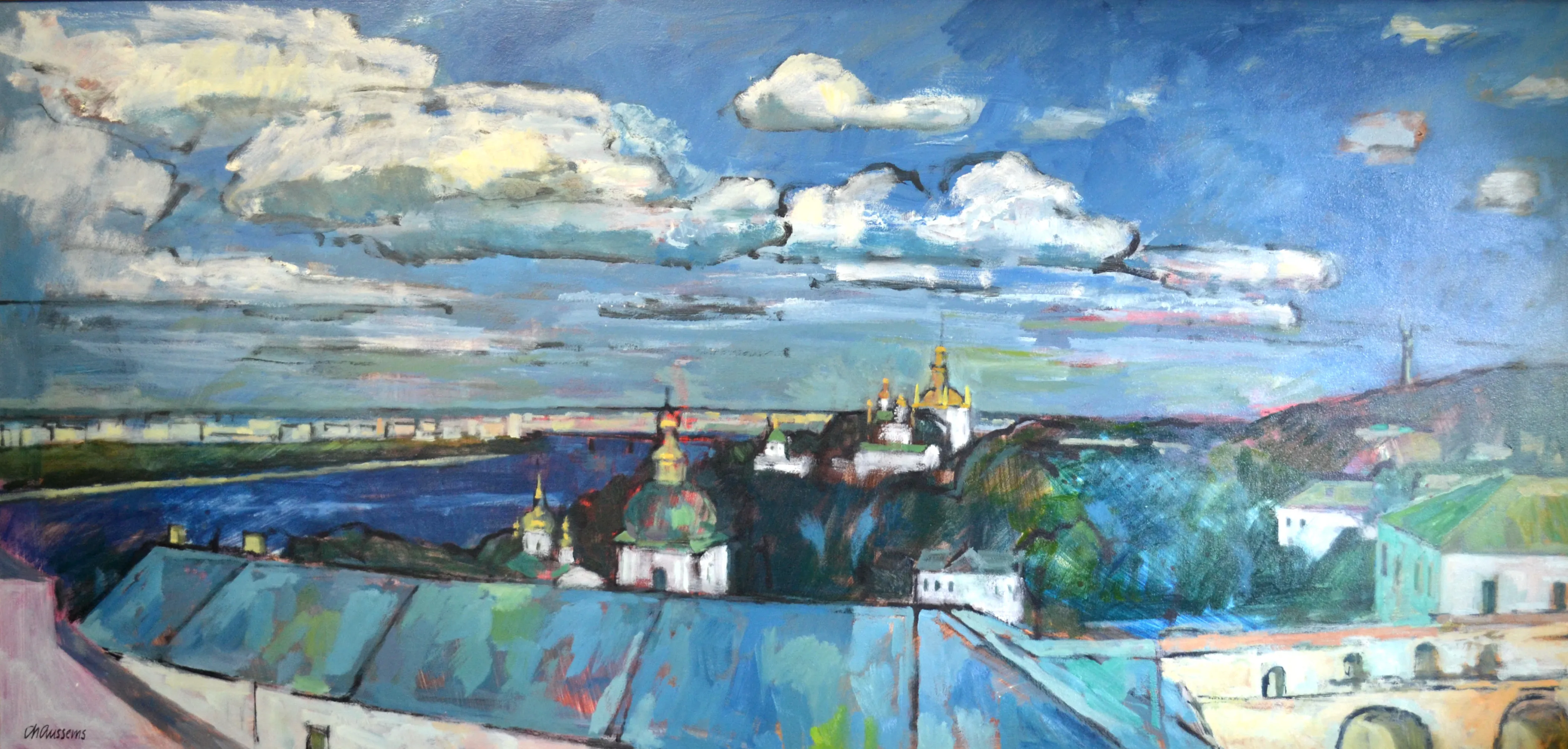 Painting of a cityscape featuring river, buildings with blue and green roofs, golden domed churches, and a partly cloudy sky.