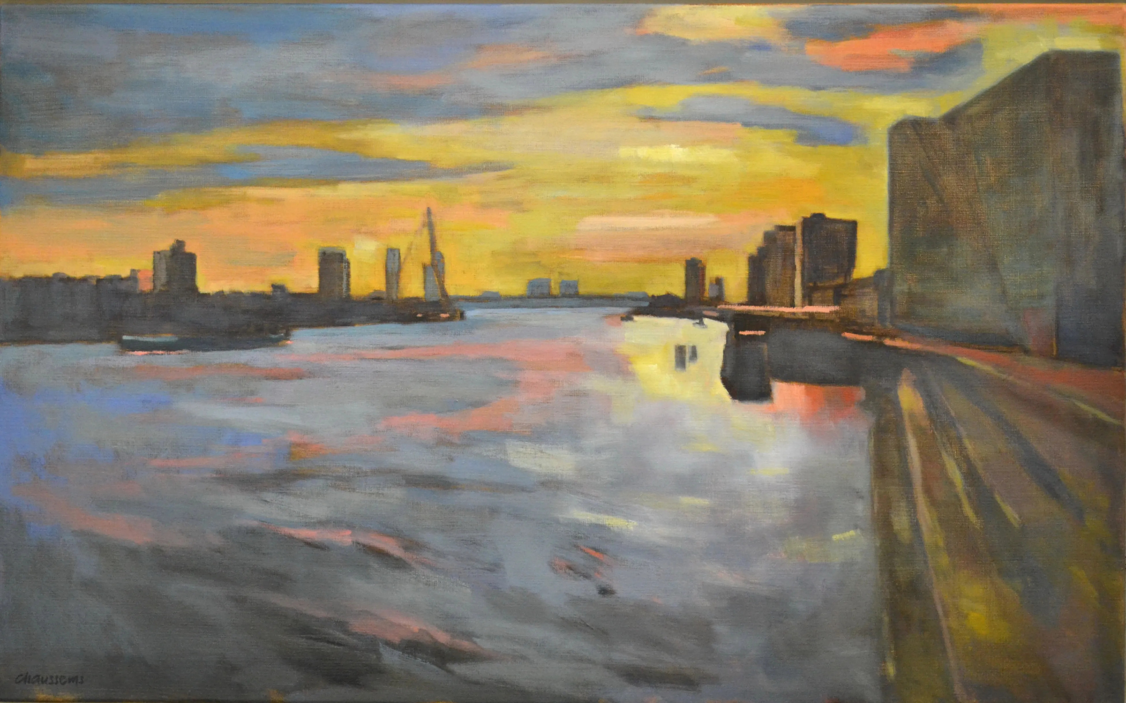 Impressionistic painting of a city skyline at sunset with reflections in a wide river.