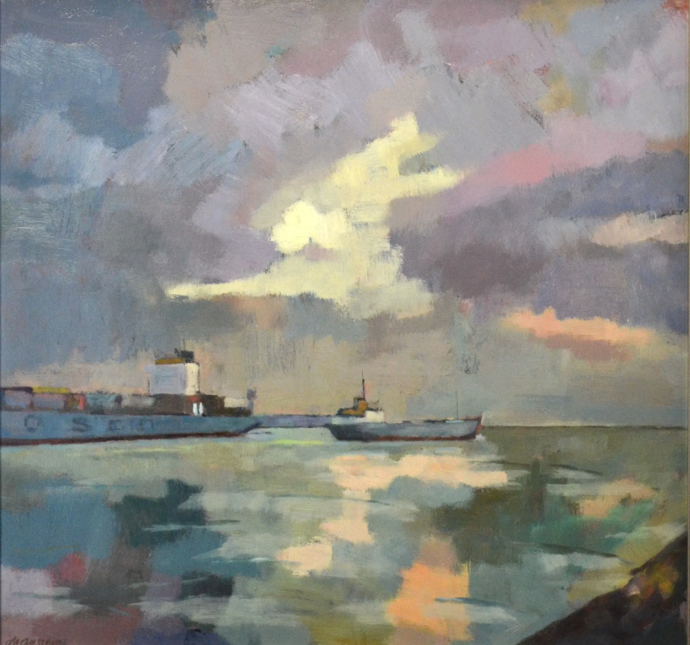 Impressionistic painting of two ships on calm water under a cloudy sky with reflected pastel hues.