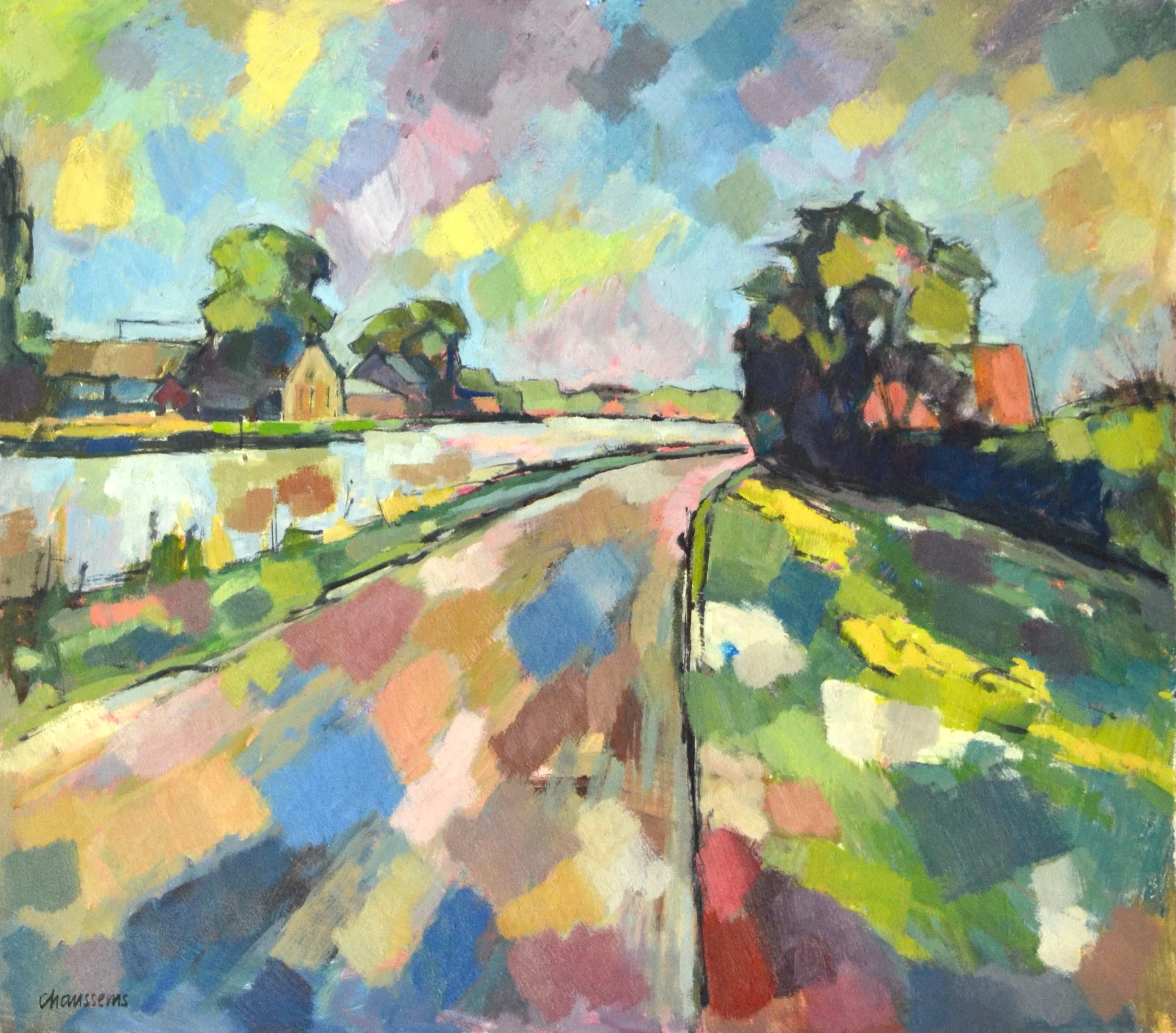 Abstract impressionist landscape painting of a riverbank with trees and houses under a colorful, patchy sky.