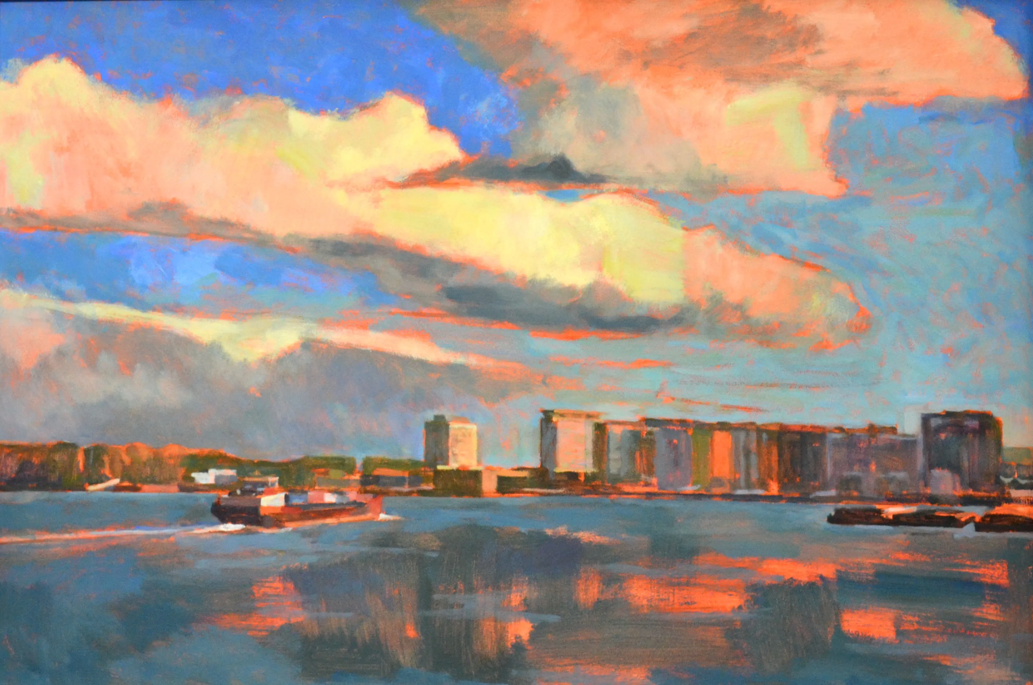 Impressionist painting of a city skyline at sunset reflecting orange and blue hues on the water with boats in the foreground.