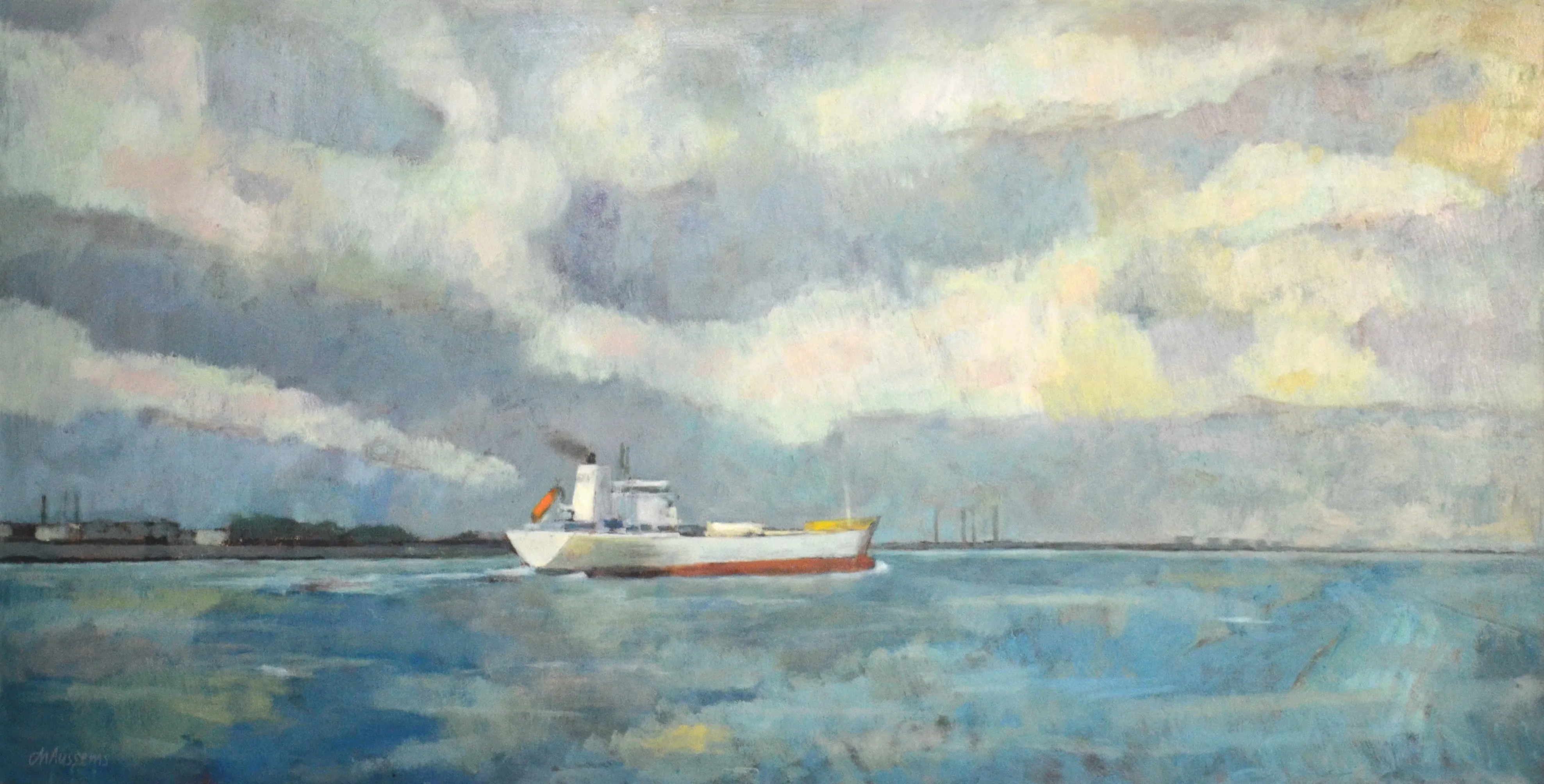 Painting of a white ship with a red and yellow detail sailing on calm blue water under a cloudy sky with industrial buildings in the distant background.