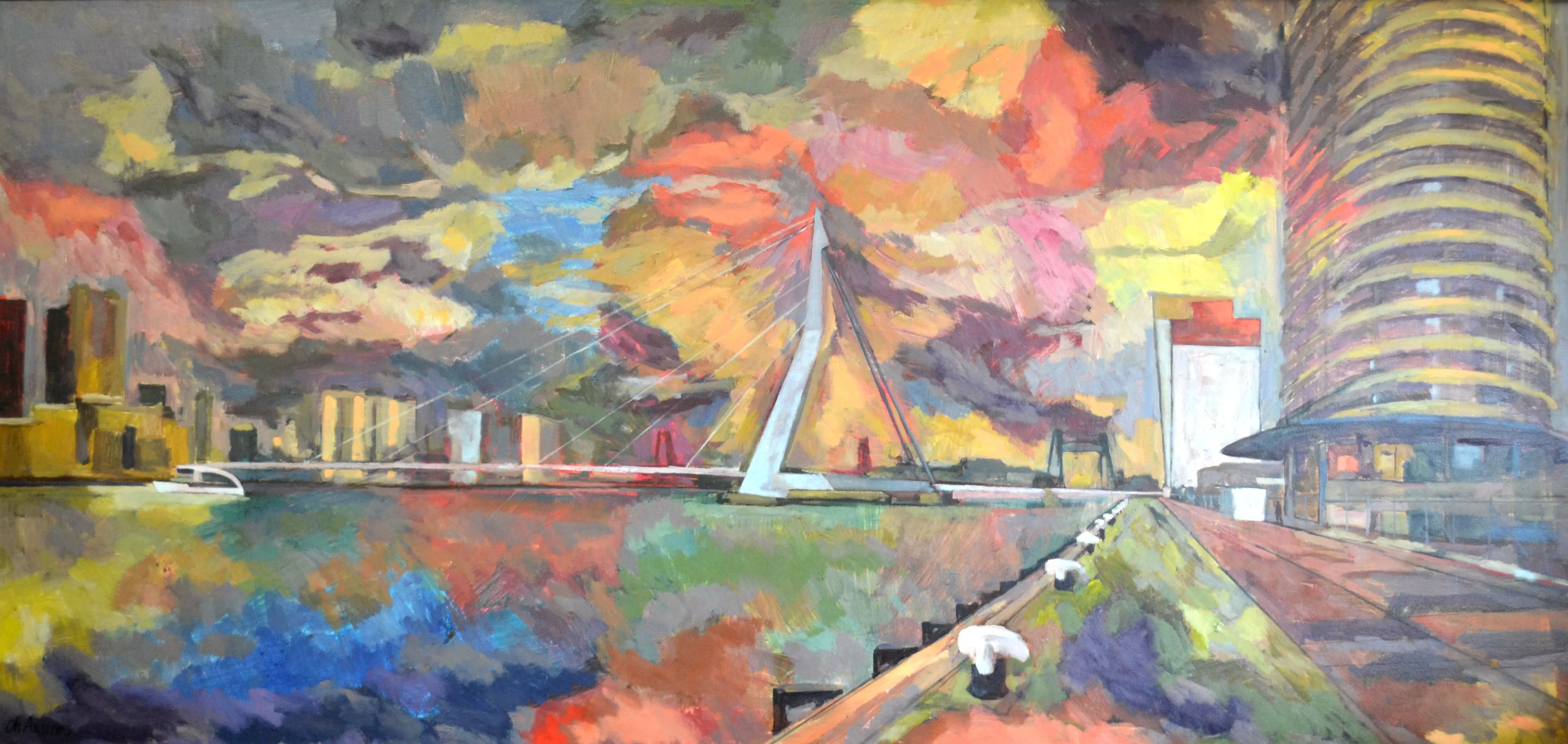 Impressionist painting of Erasmus Bridge in Rotterdam with vibrant clouds and reflections over water.