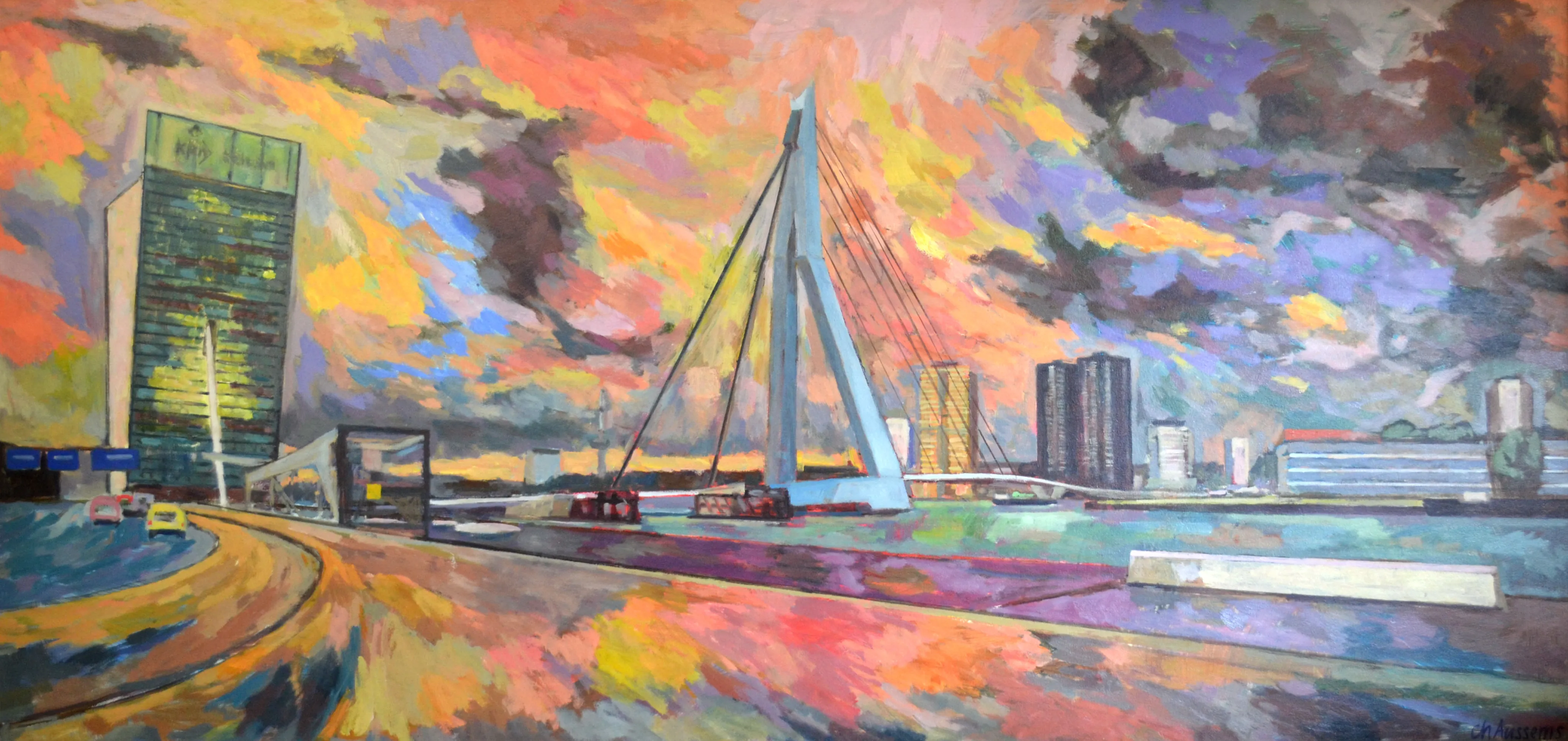 Colorful impressionist painting of Erasmus Bridge in Rotterdam with a vibrant sunset sky and cityscape.