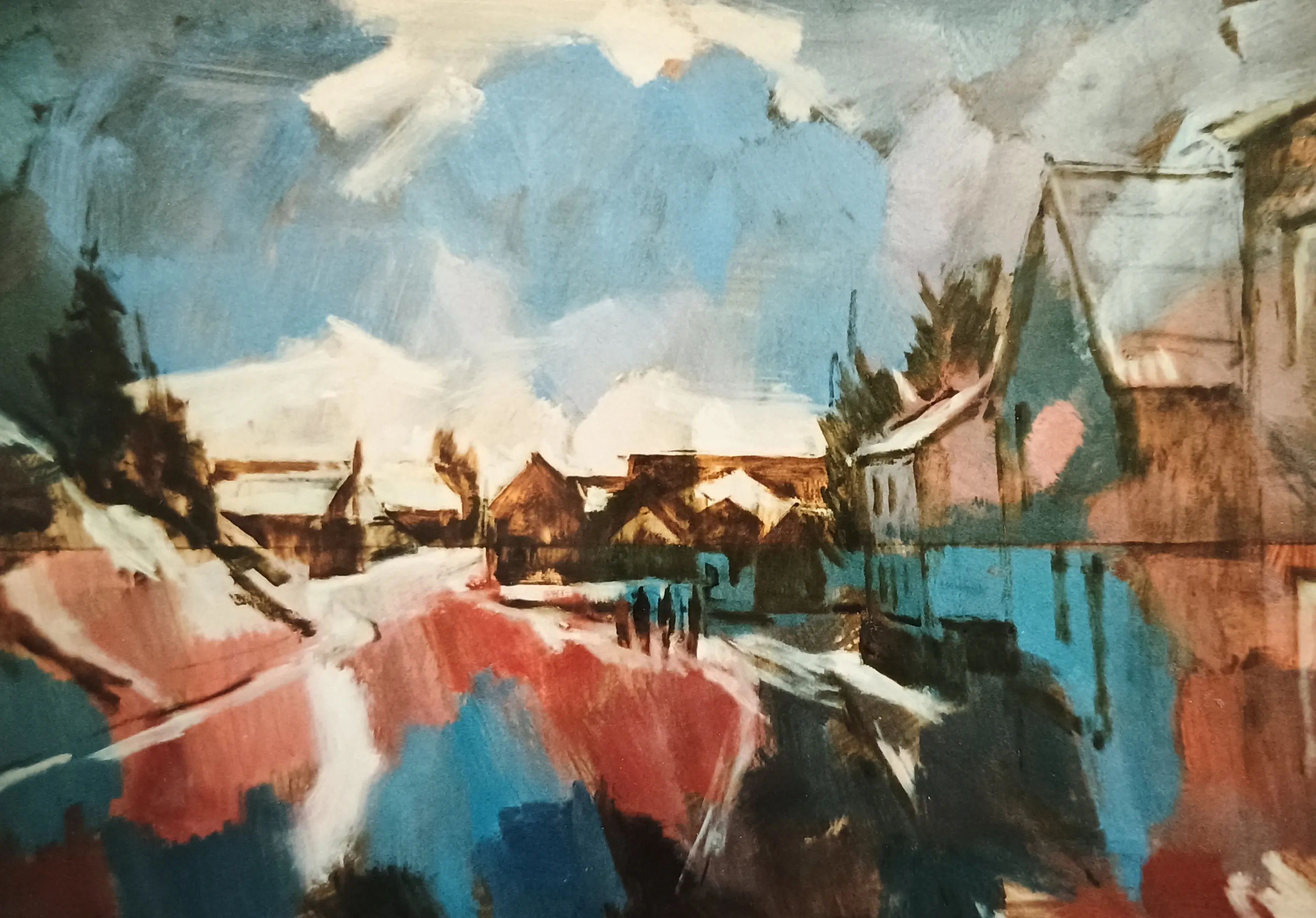 Abstract painting of a village street with houses, trees, and a few figures under a blue sky with white clouds.