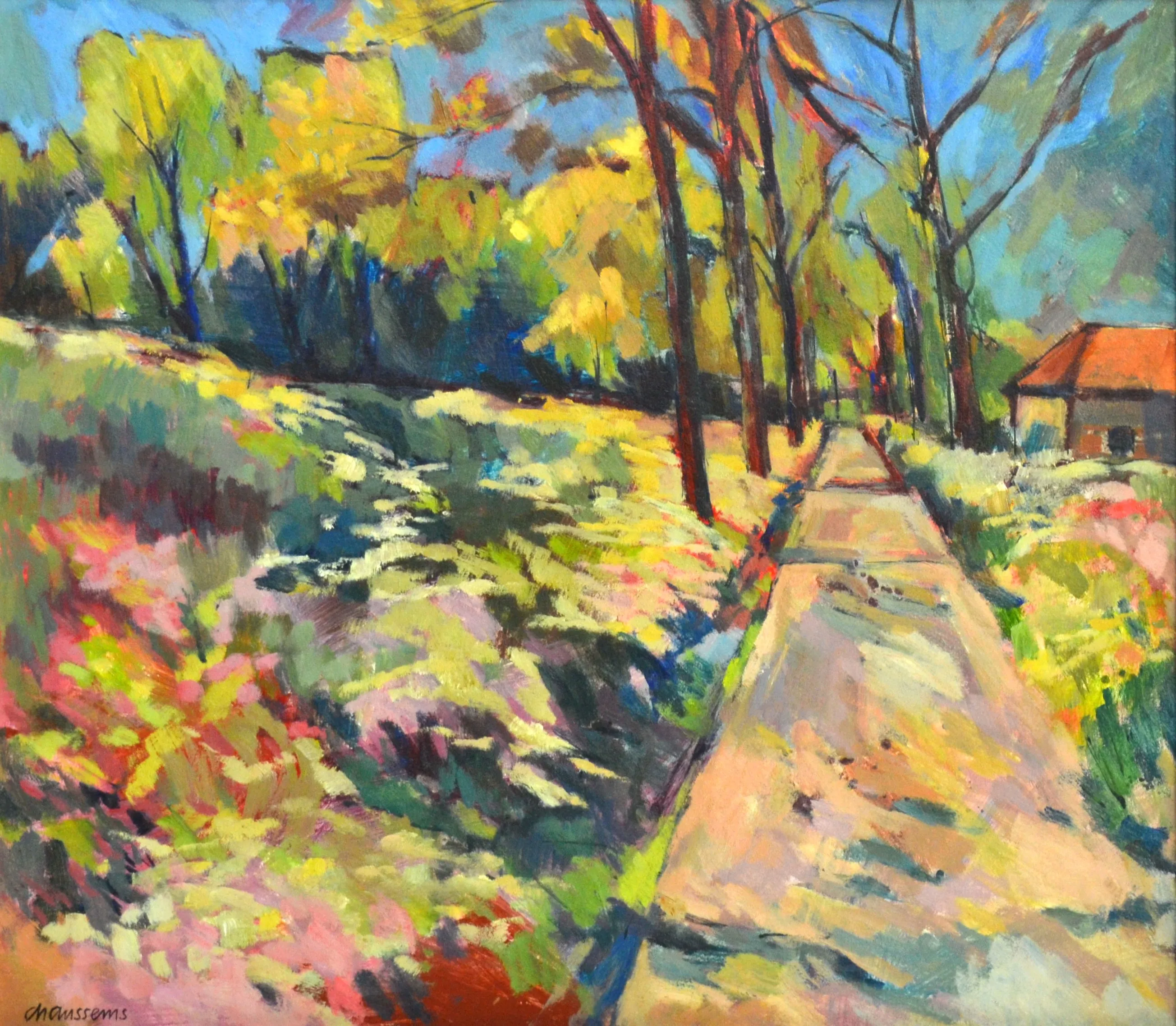 Impressionist painting of a sunlit path lined with tall trees and colorful foliage with a small orange-roofed building on the right.