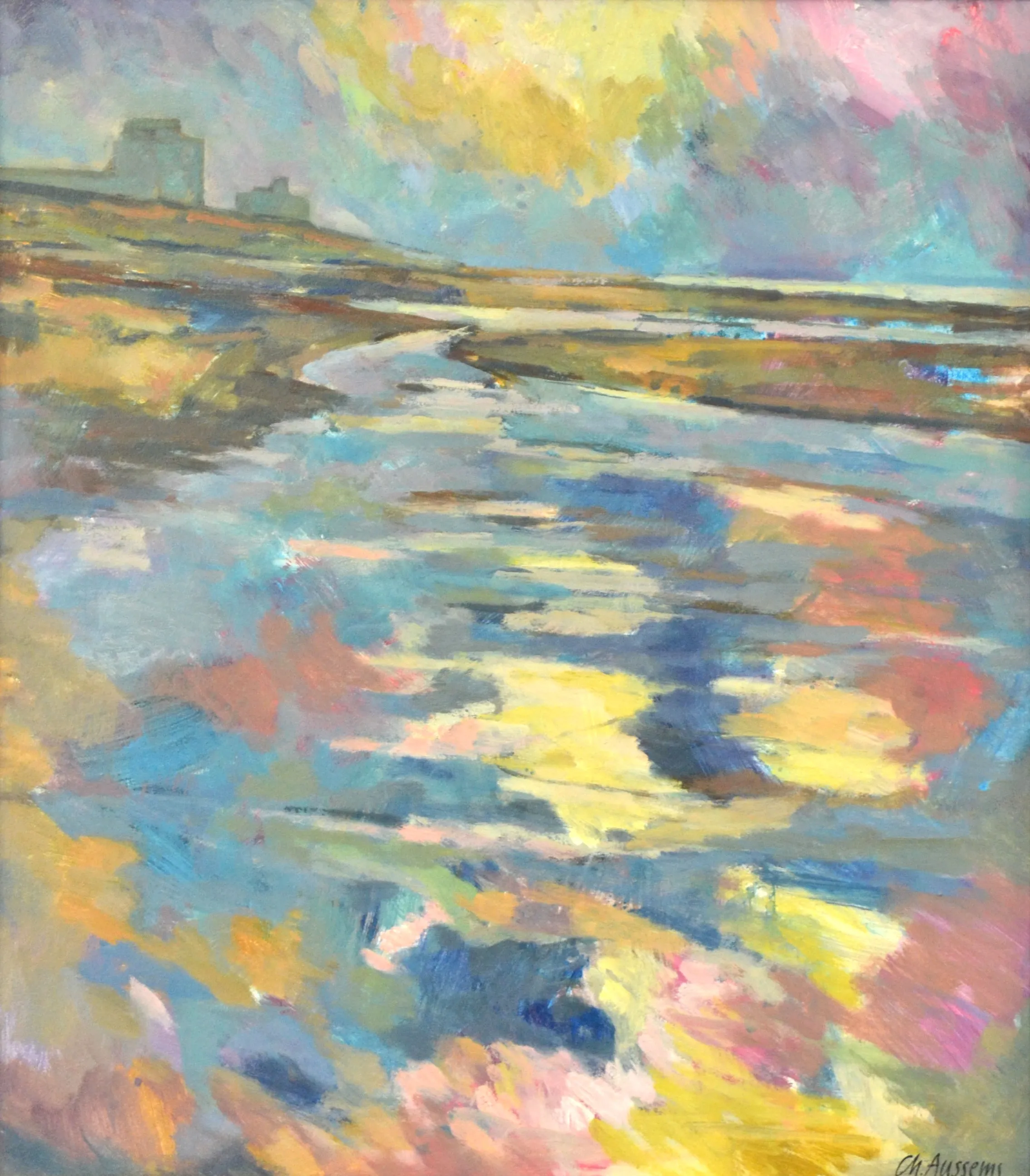 Abstract impressionist painting of a coastal landscape with vibrant colors reflecting on water under a cloudy sky.