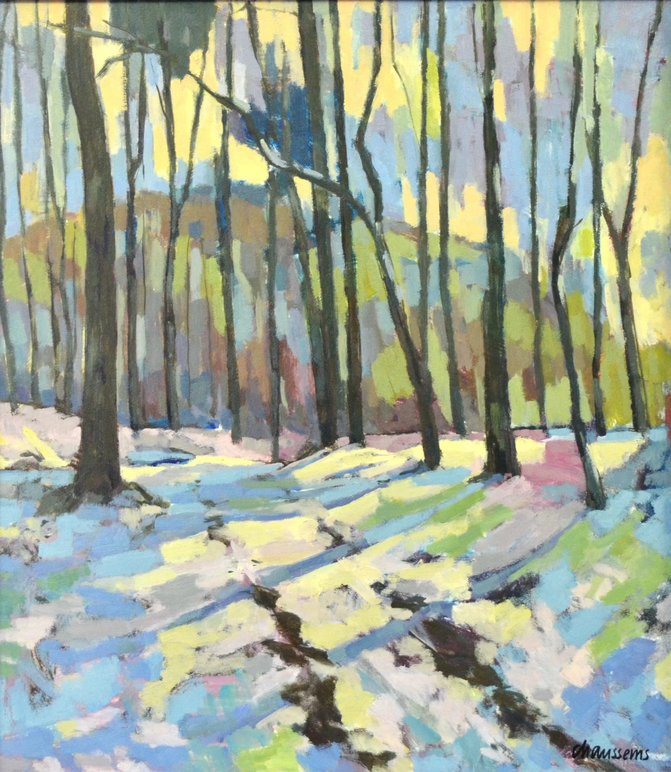 Impressionistic painting of a winter forest with tall bare trees casting long shadows on the snow-covered ground.
