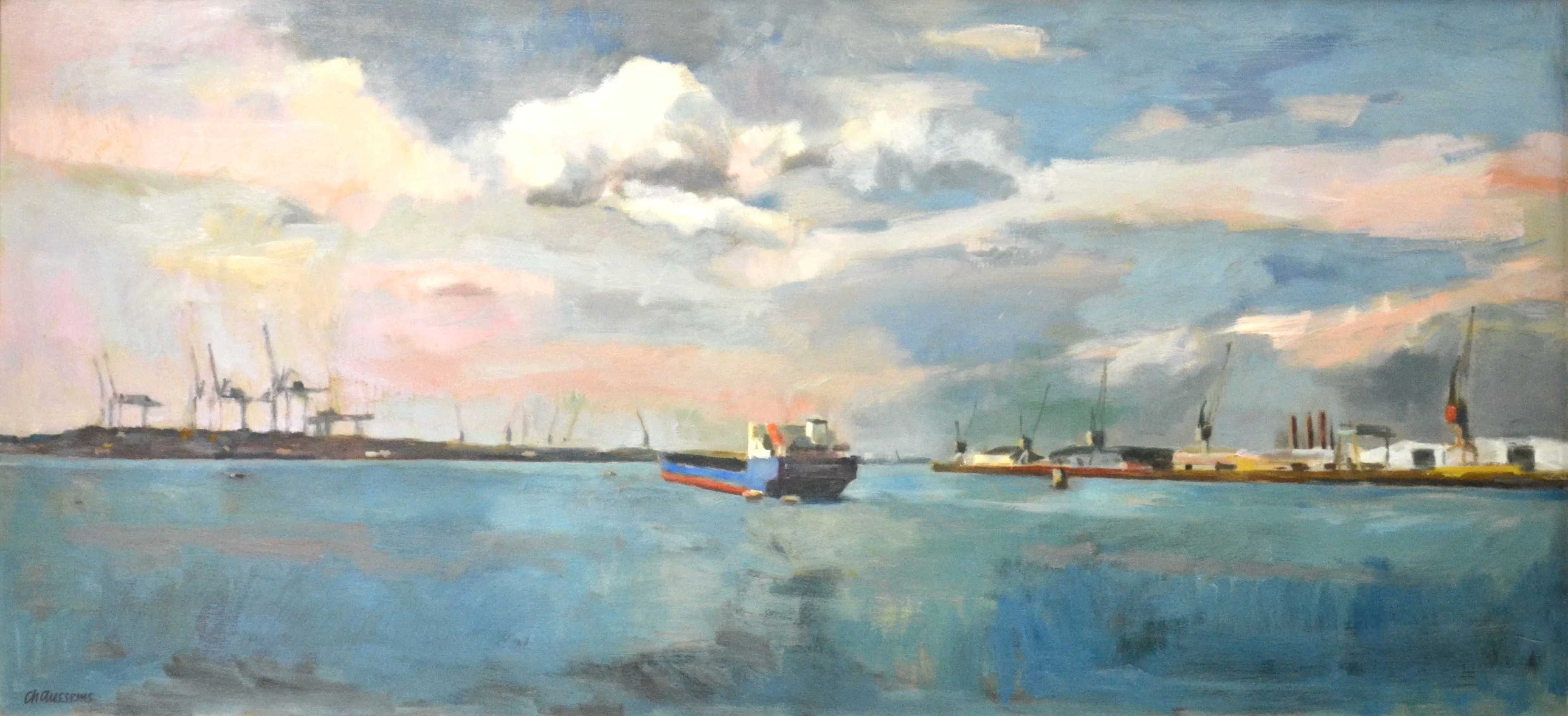 Painting of a harbor scene with cranes along the docks, a ship on calm water, and a partly cloudy sky at sunset.