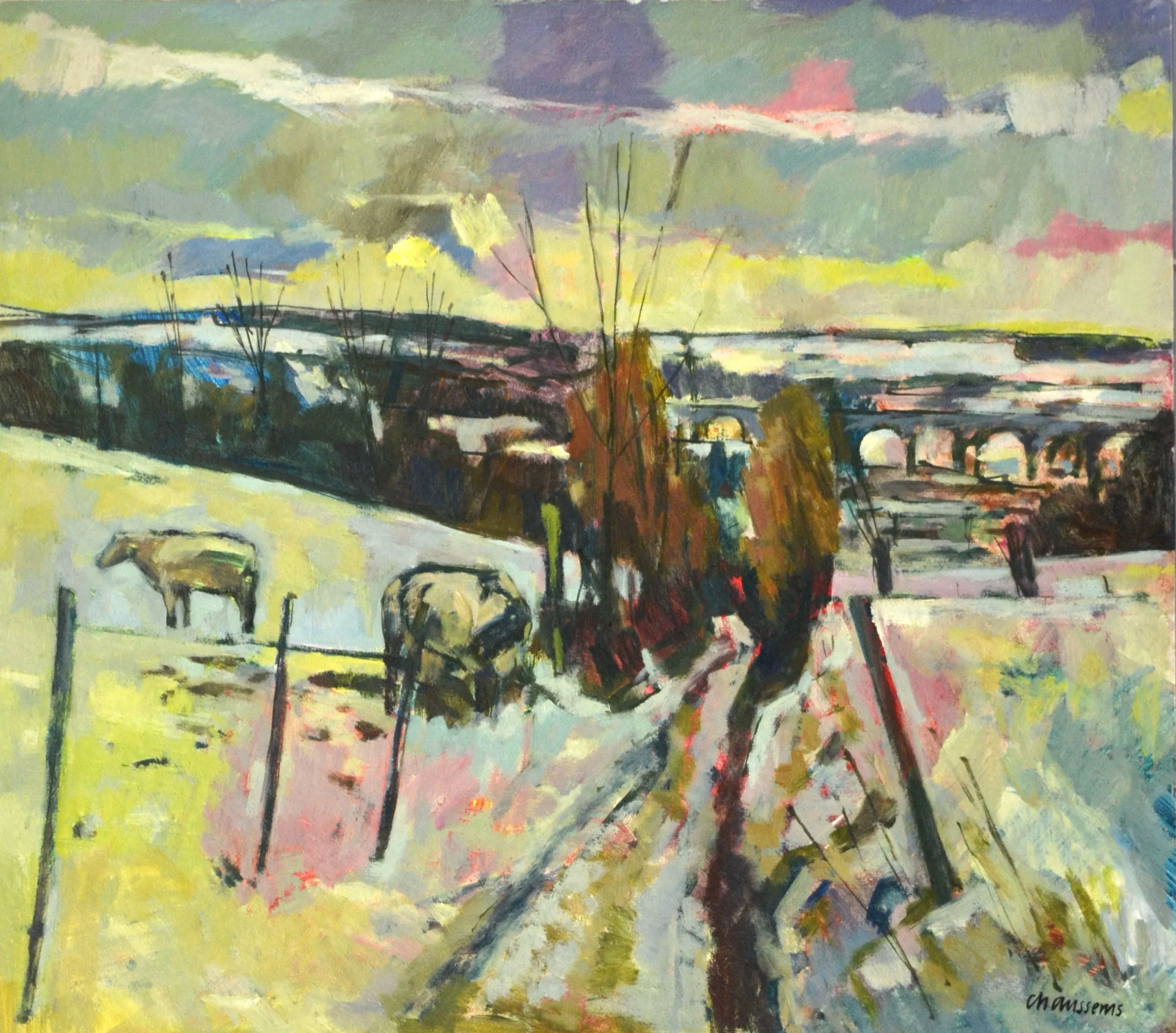 Impressionist painting of a winter rural landscape with two cows, bare trees, a winding path, and a multi-arched stone bridge in the background.