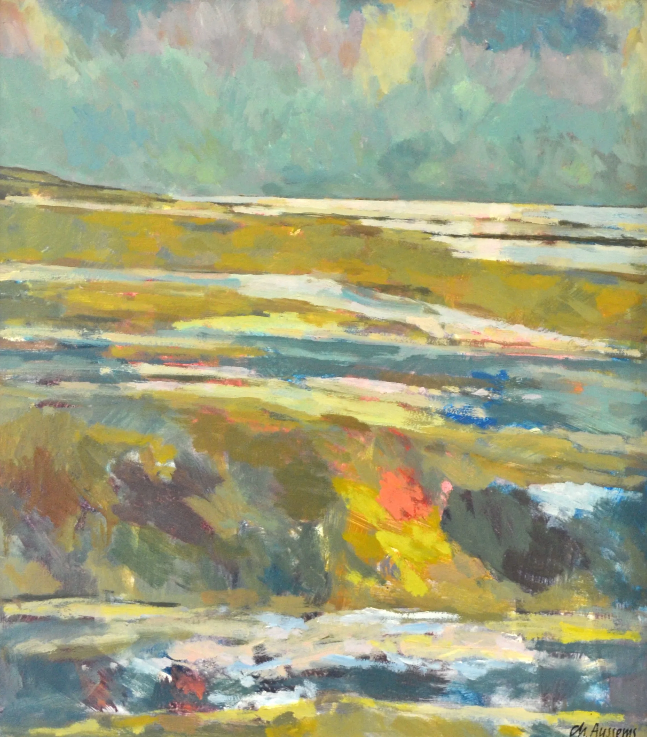Abstract landscape painting with layered brushstrokes in green, yellow, blue, and orange hues depicting a field and sky.
