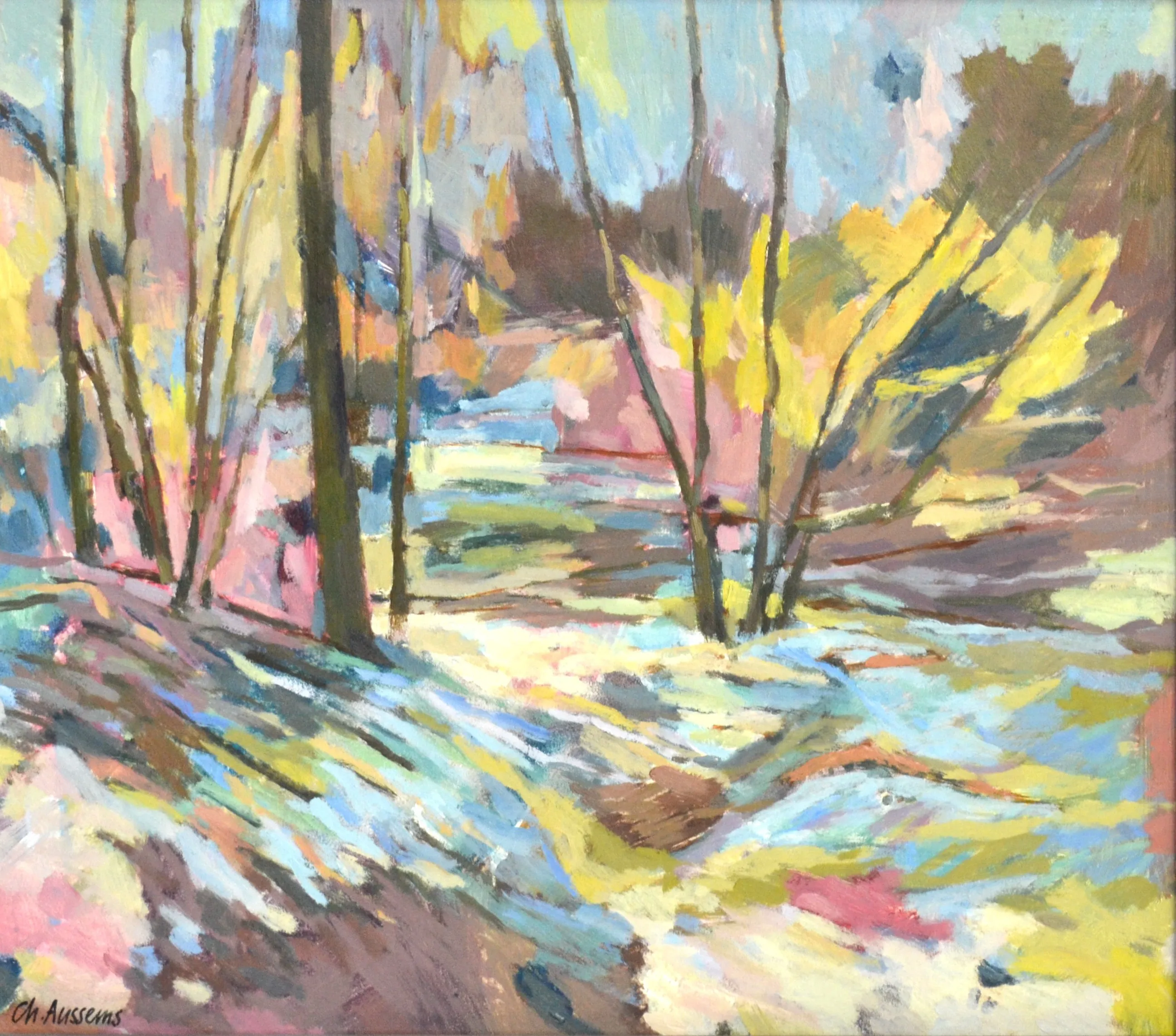 Impressionist landscape painting of a sunlit forest with slender trees and colorful foliage in pastel hues.