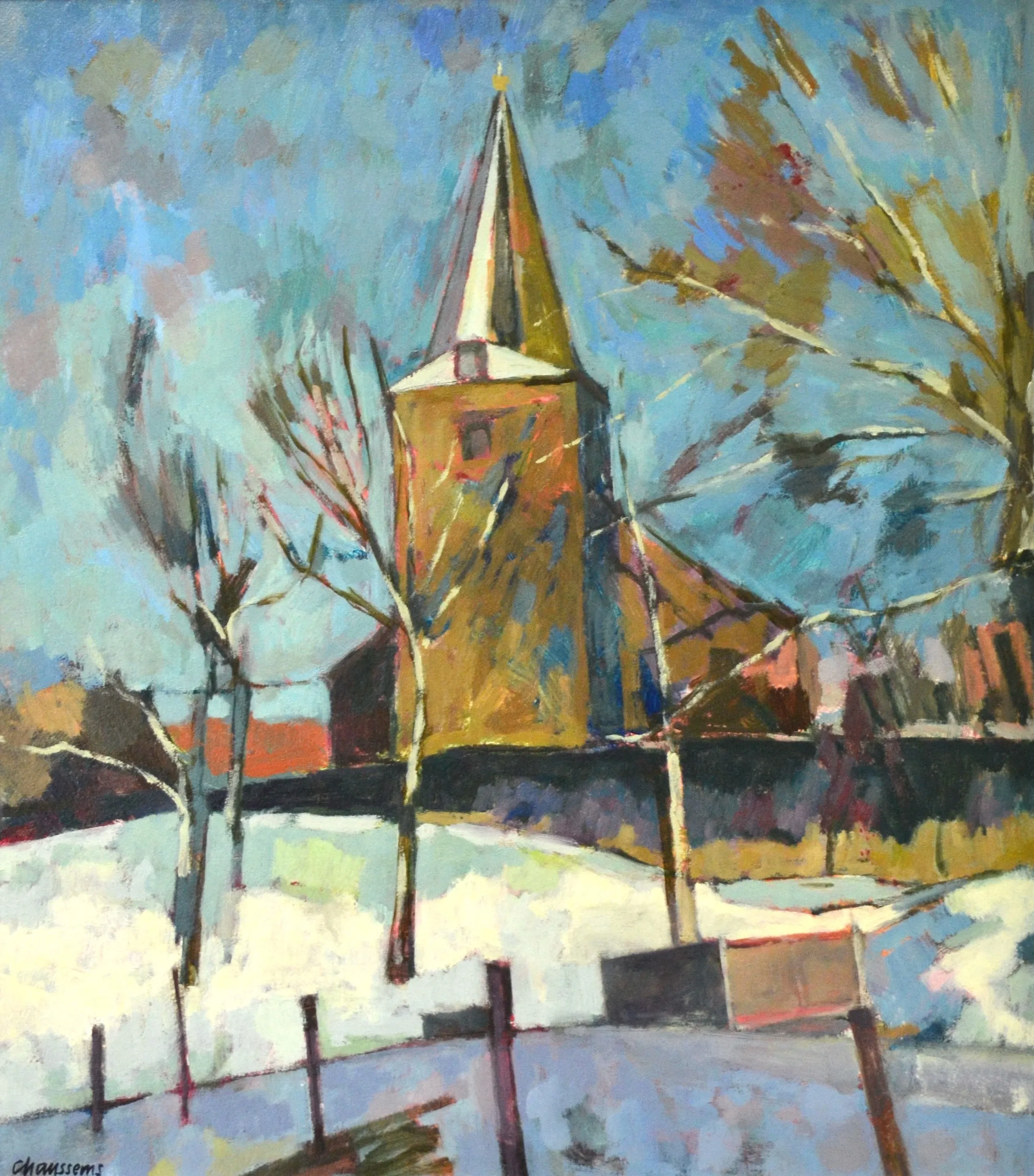 Impressionist painting of a church with a tall steeple surrounded by bare trees in a snowy landscape under a blue sky.