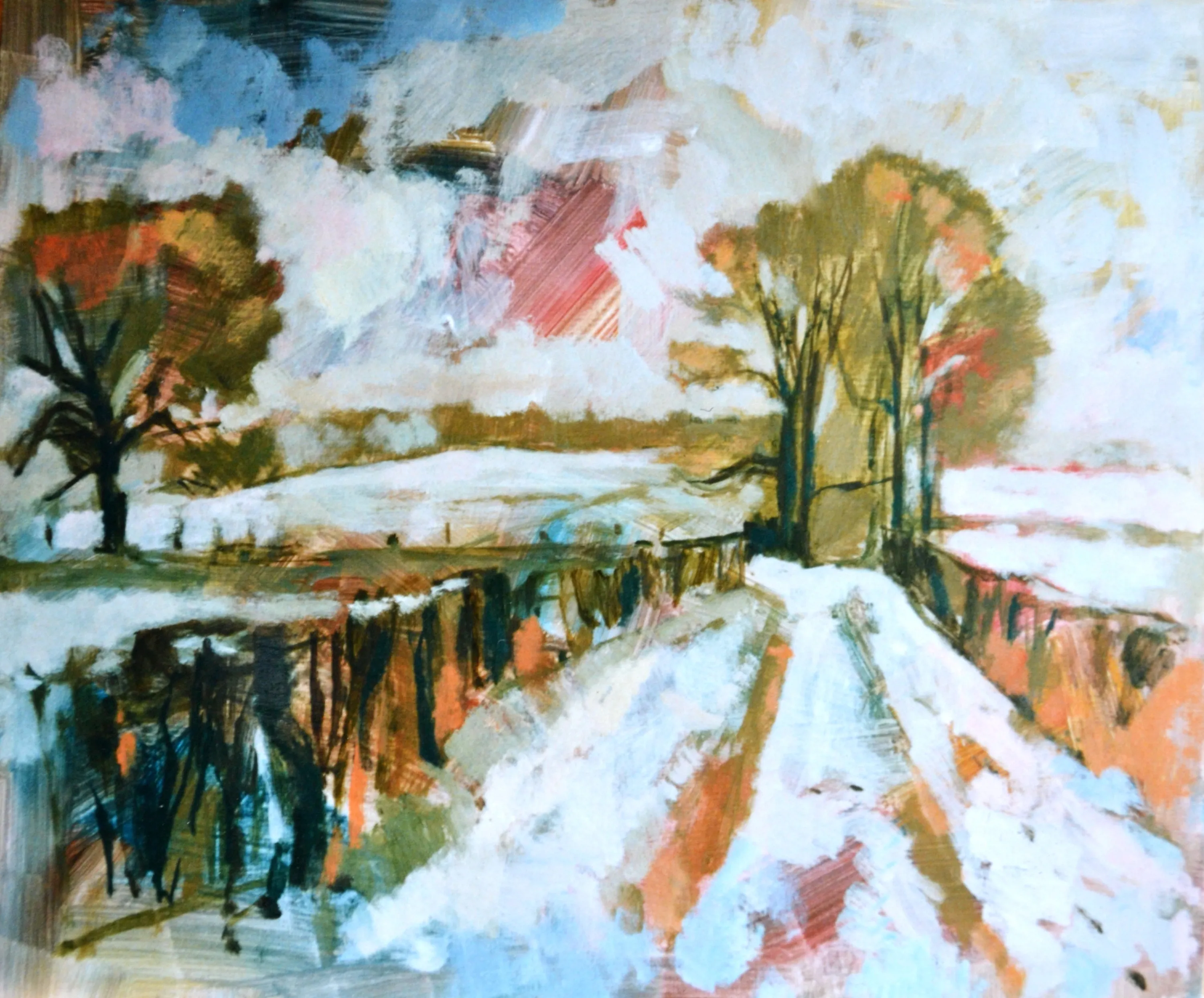Abstract impressionist painting of a winter landscape with a snow-covered path flanked by fences and trees with autumn foliage under a cloudy sky.