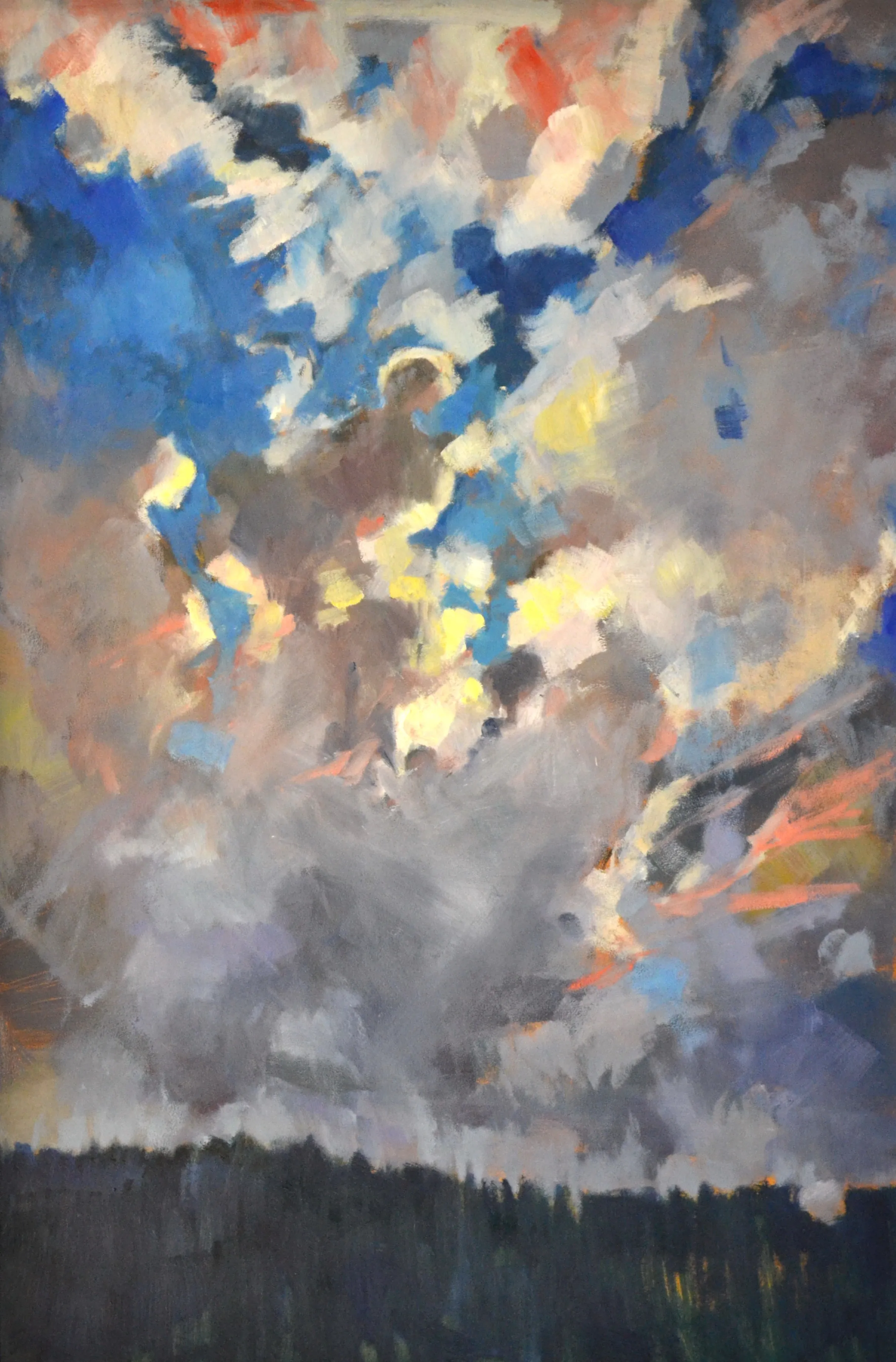 Abstract painting of a dramatic cloudy sky with blue, yellow, orange, and gray tones above a dark forest silhouette.