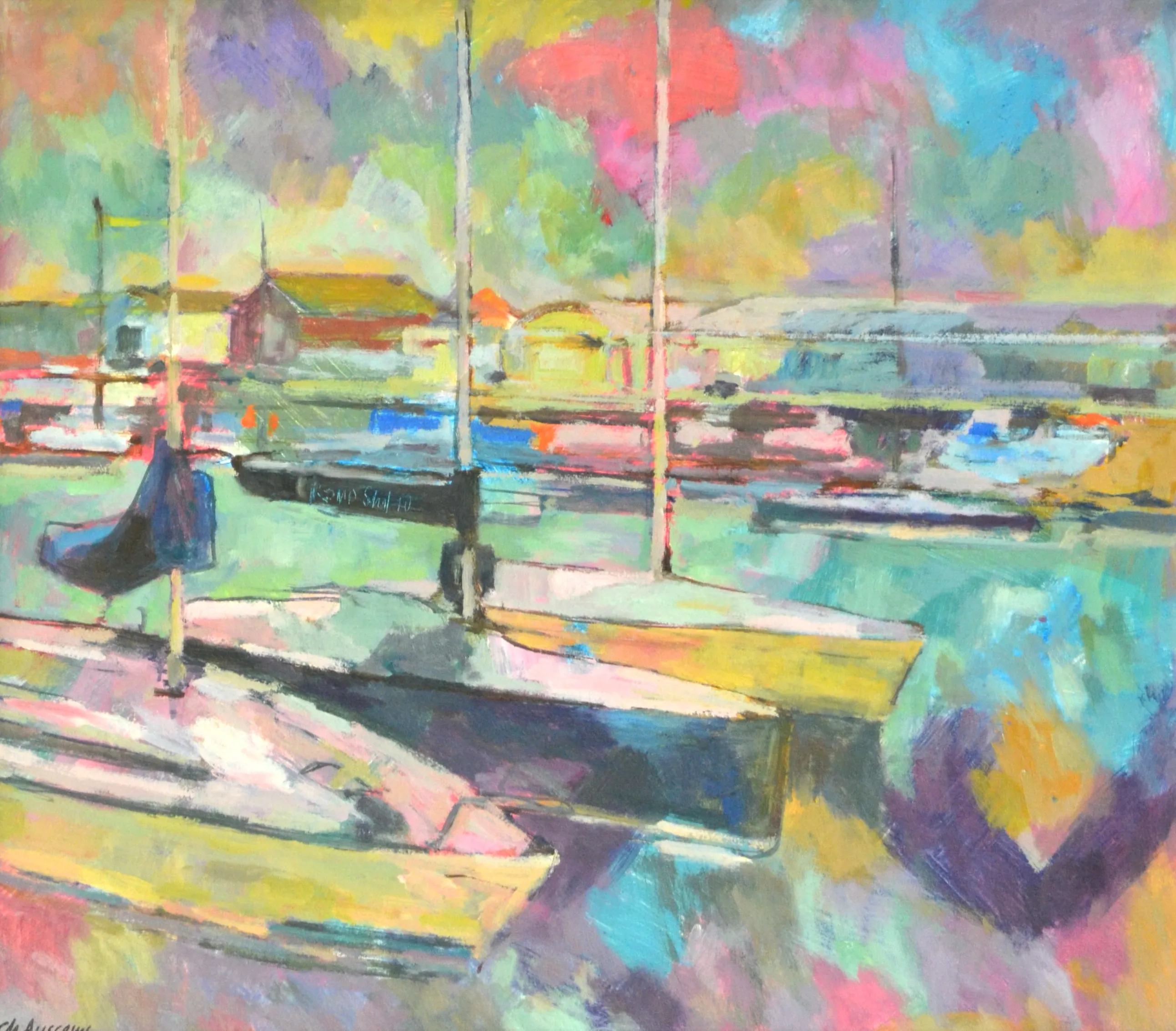 Colorful impressionistic painting of sailboats docked in a harbor with reflections in the water and buildings in the background.