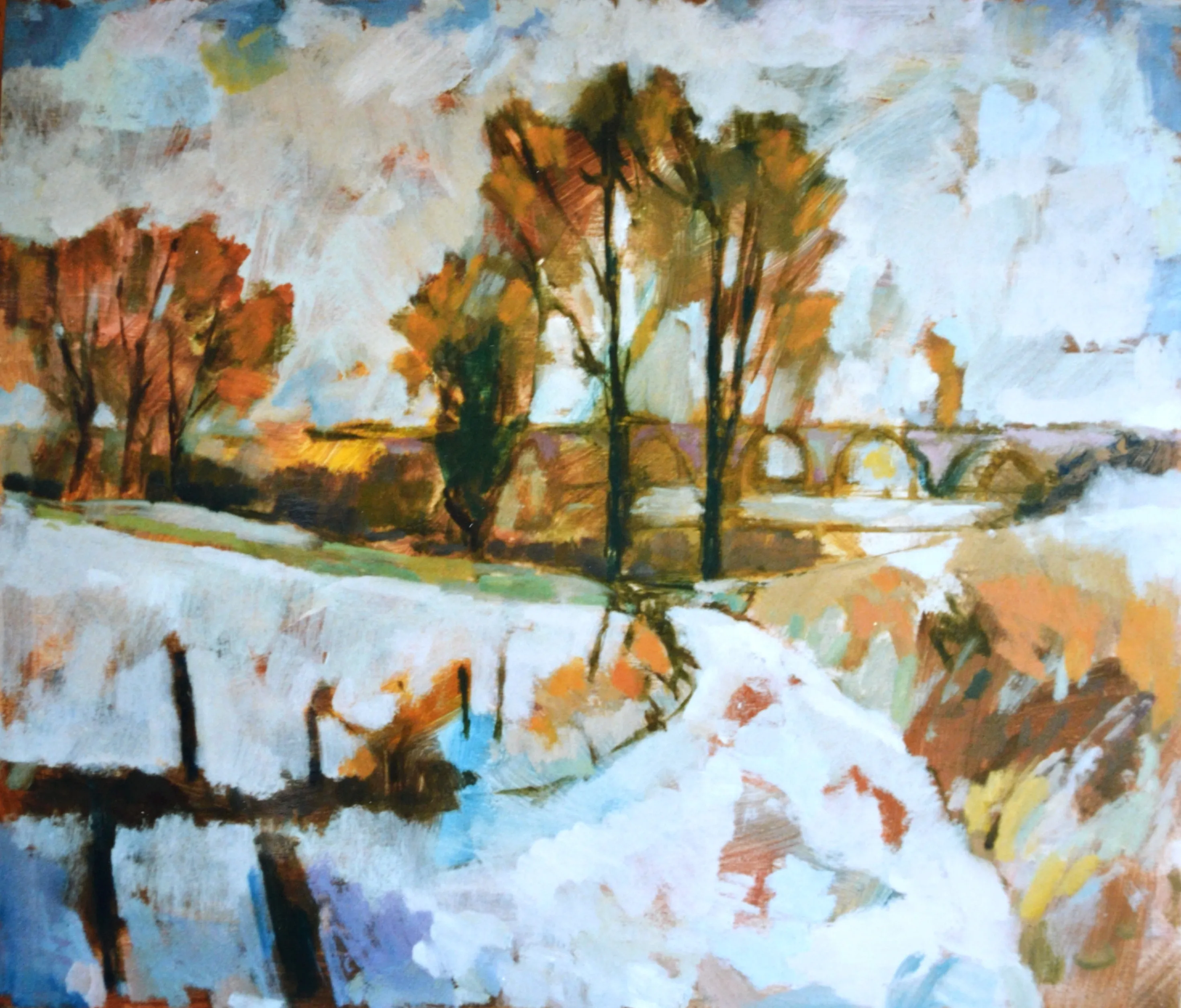 Impressionistic painting of a snowy landscape with autumn-colored trees and an arched stone bridge in the background.