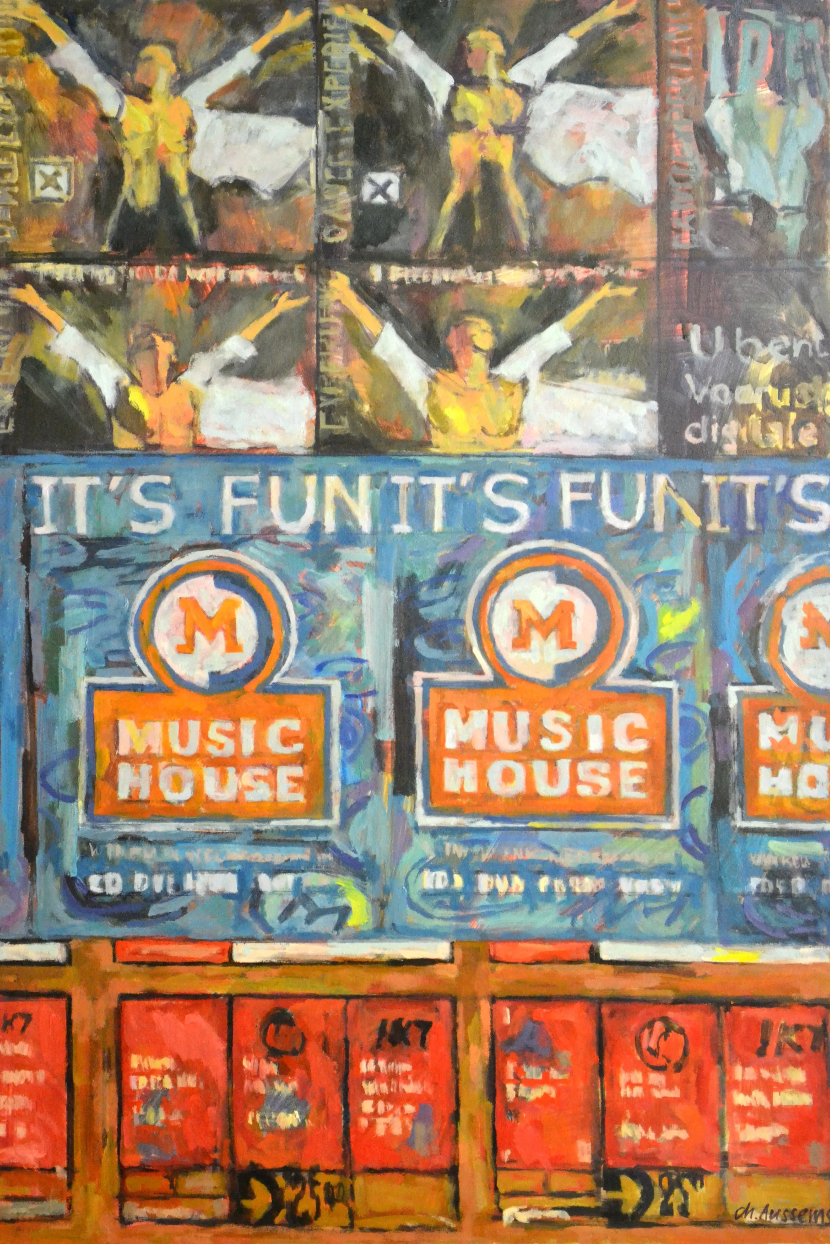 Colorful painting of a wall with repeated posters showing a person with arms raised and multiple 'Music House' logos accompanied by the text 'IT'S FUN'.