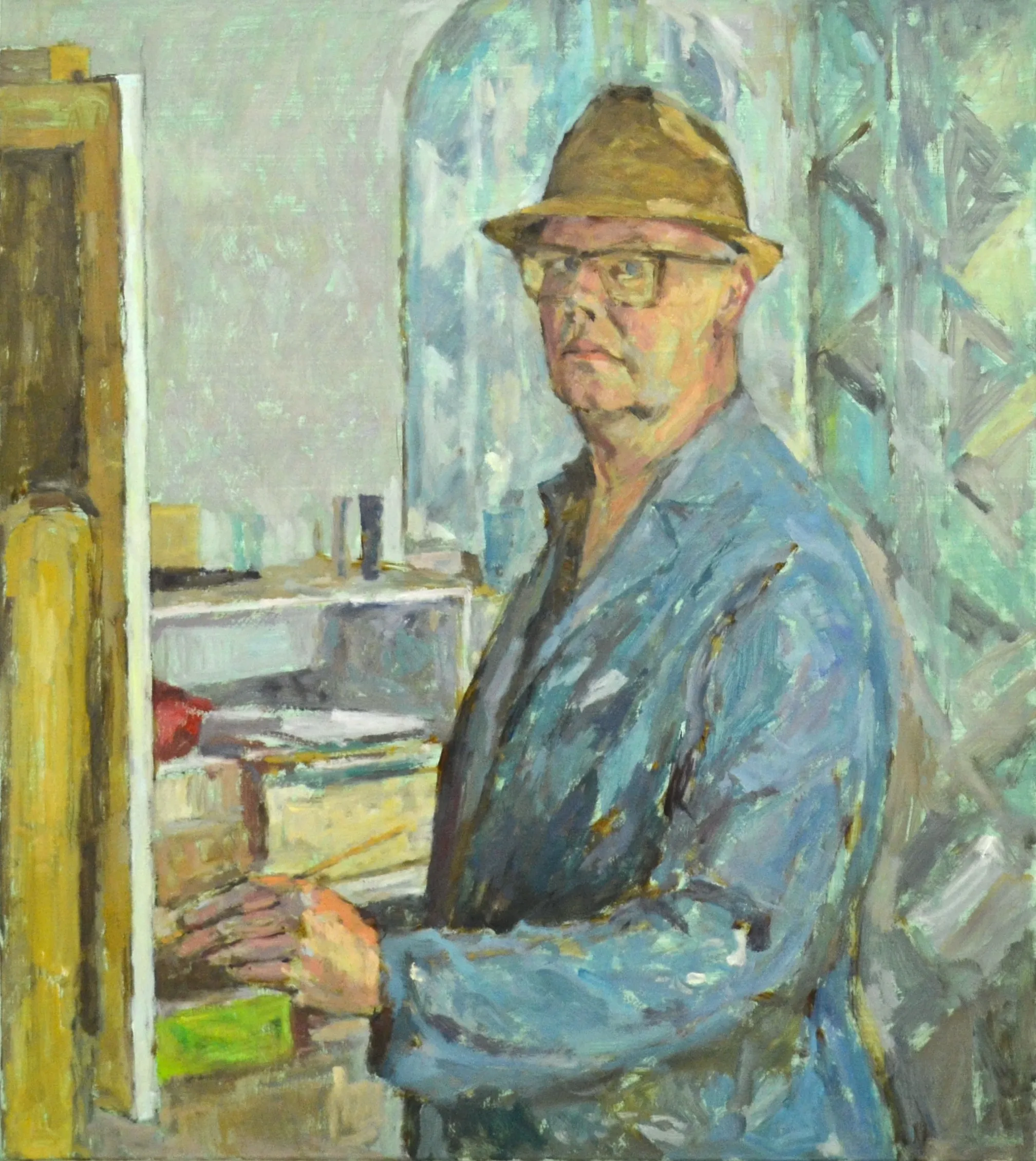 Impressionist-style painting of a man wearing glasses and a brown hat, dressed in a blue coat, standing indoors near a shelf or desk.
