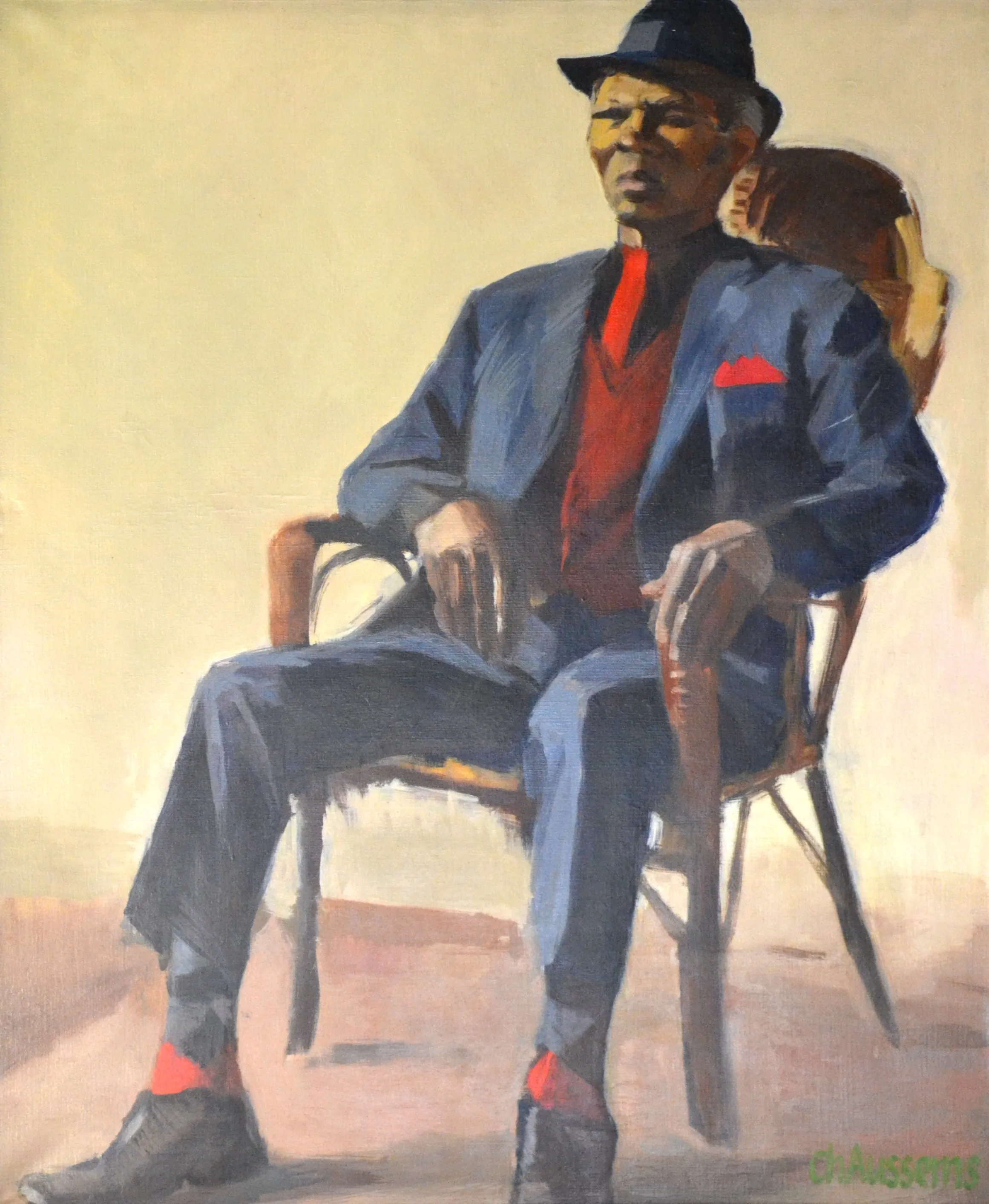 Painting of a man in a blue suit, red vest, and black hat sitting on a wooden chair in a relaxed pose.