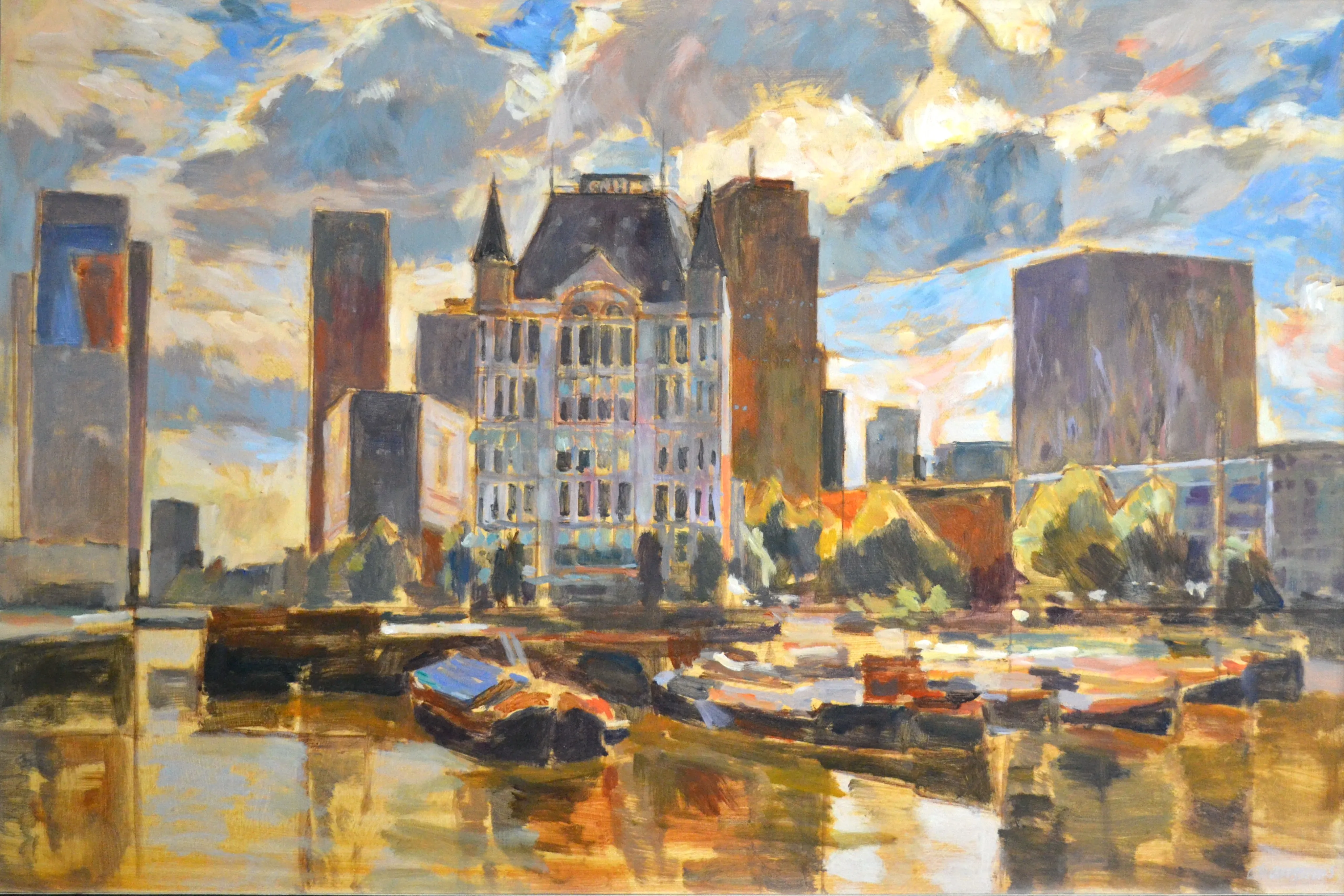 Impressionistic painting of a waterfront cityscape with boats, a historic building with spires, modern skyscrapers, and a cloudy sky.