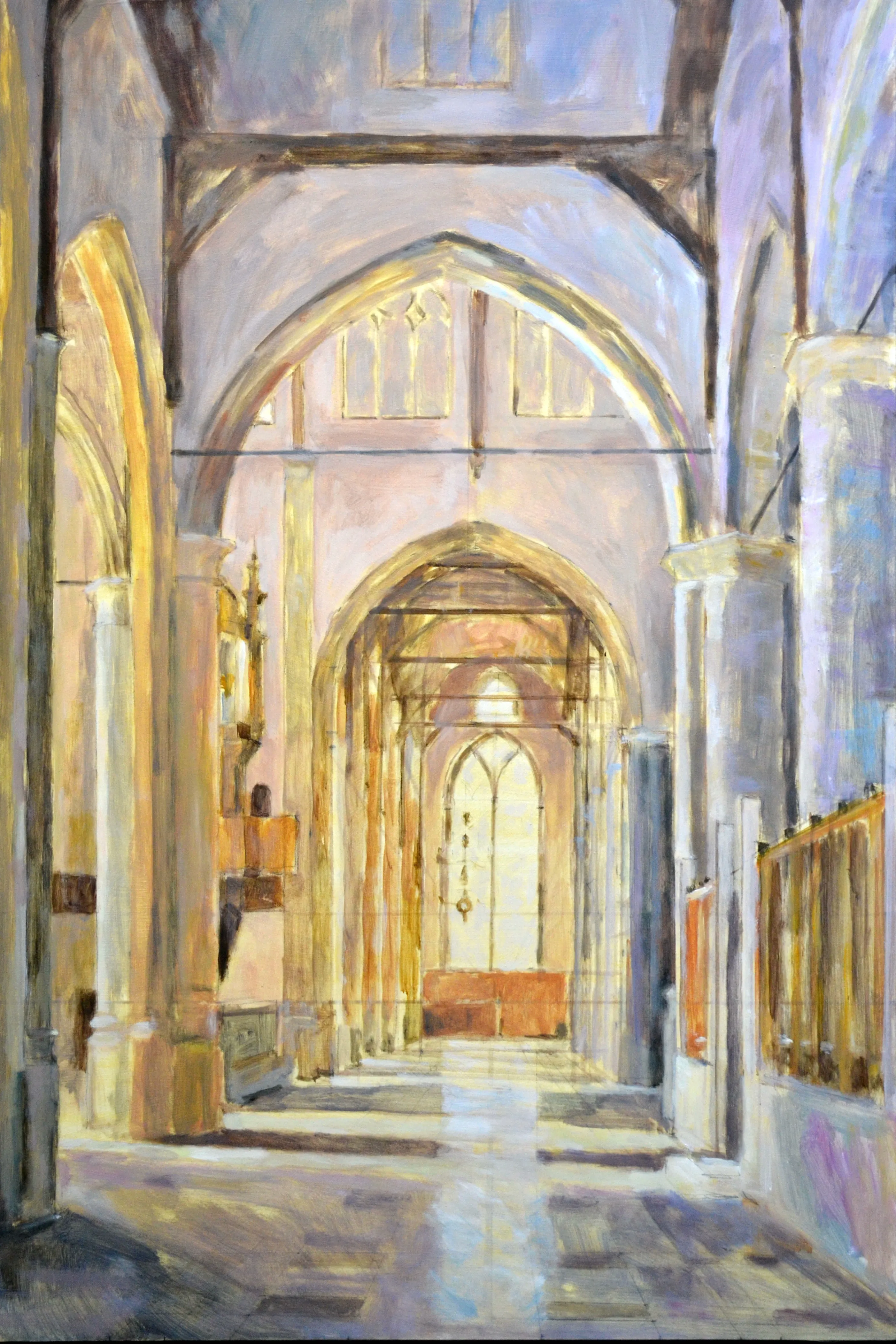 Painting of a sunlit church interior corridor with arched ceilings and tall windows.