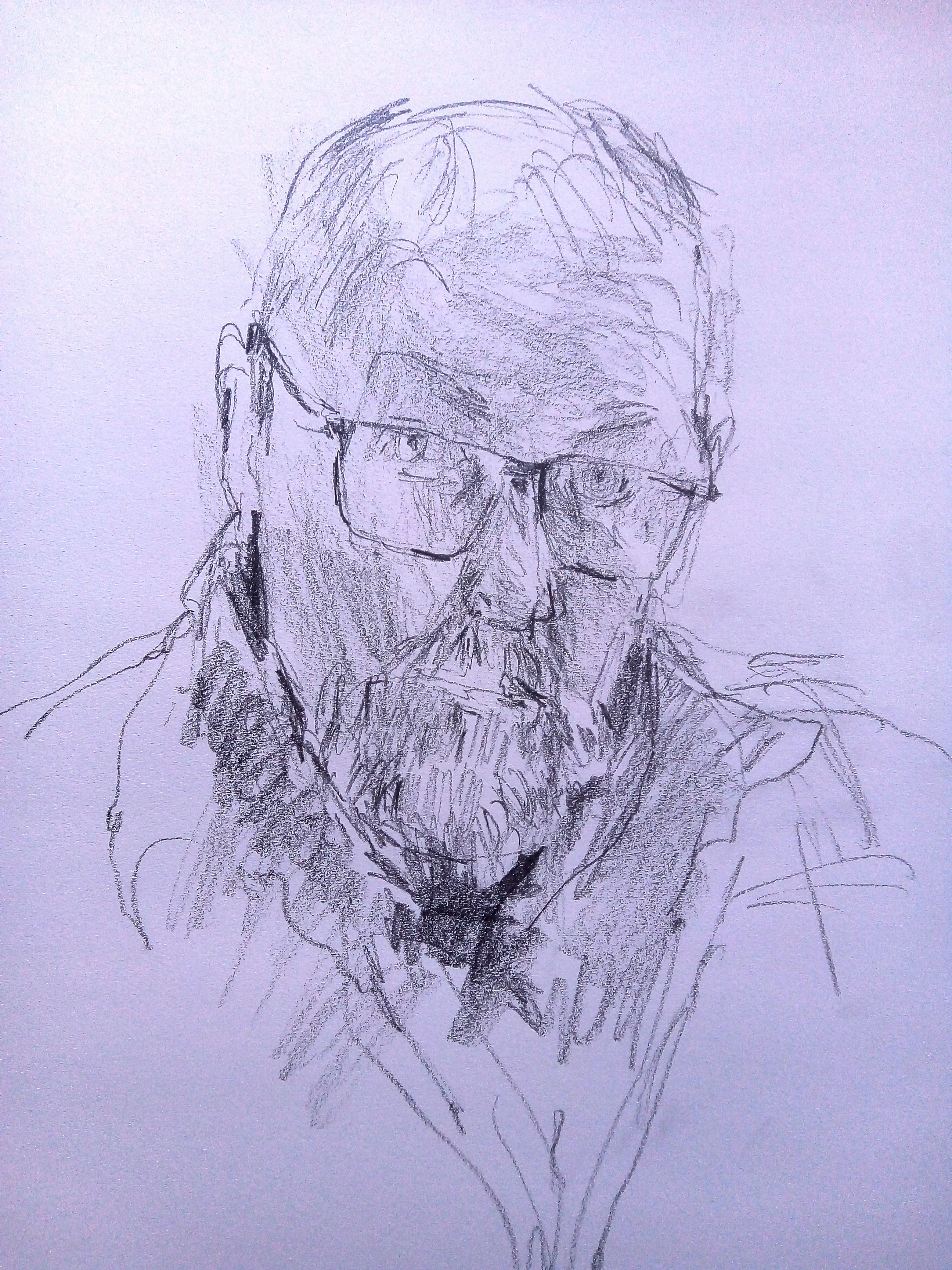 Pencil sketch of an older man with glasses and a beard, wearing a collared shirt or jacket.