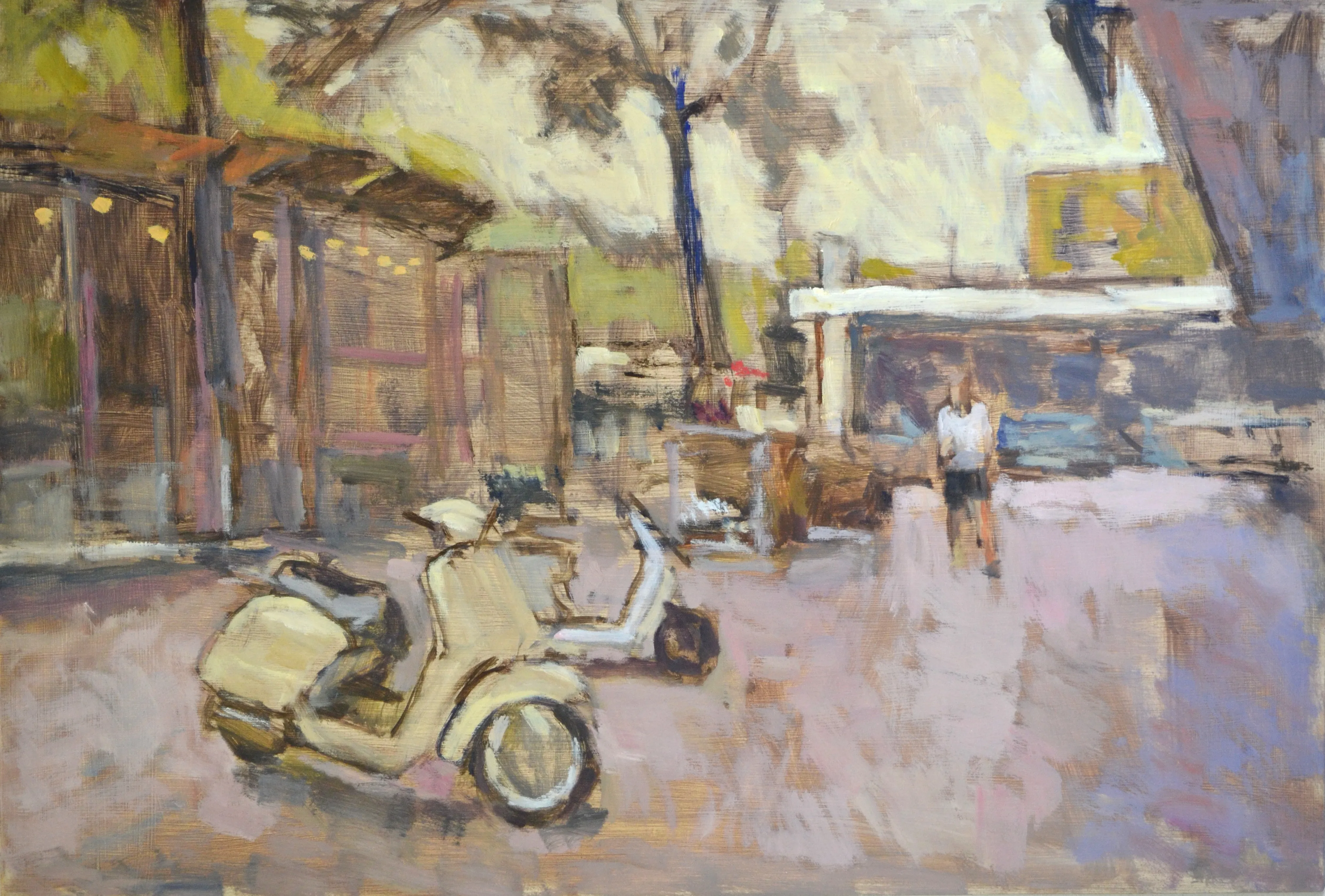 Impressionistic painting of a street scene with two scooters parked in front of a kiosk and a person standing in the background.