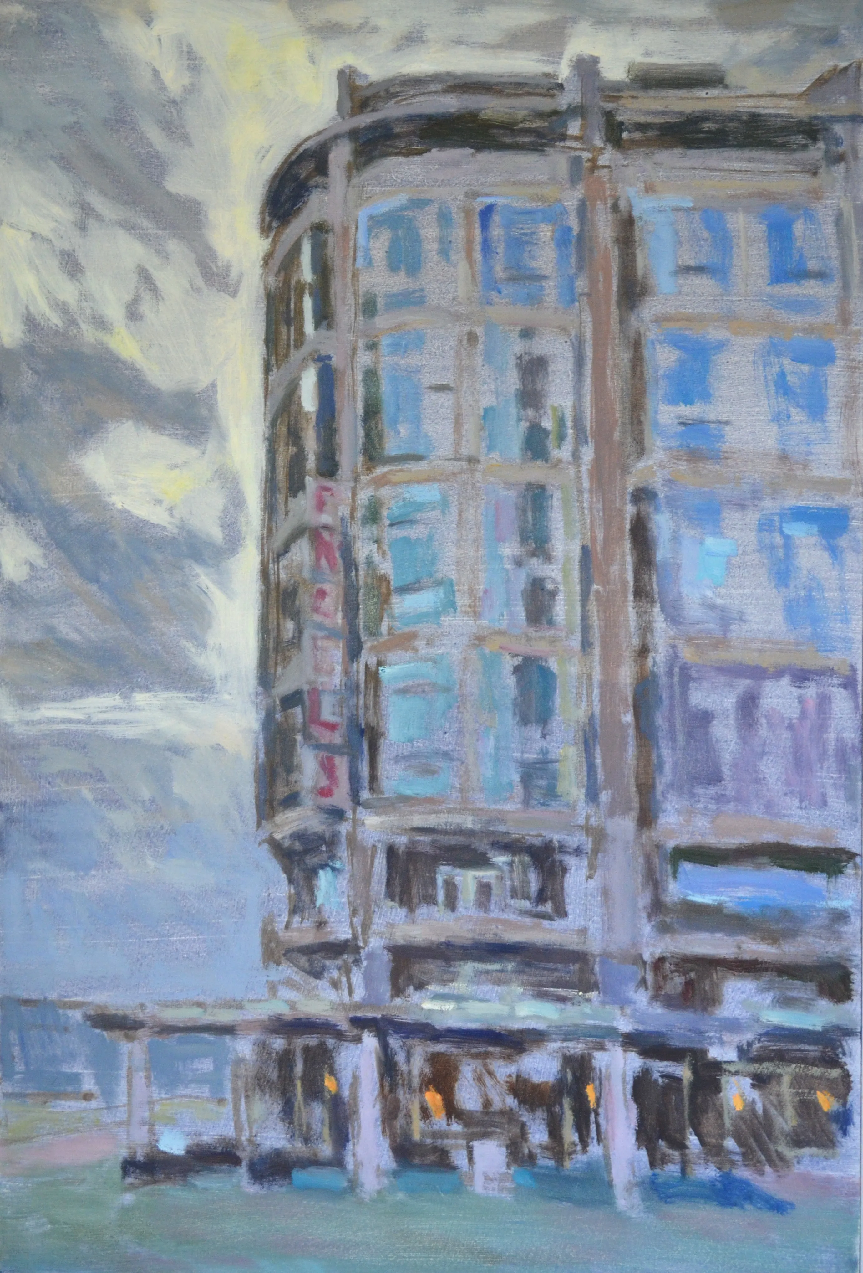 Impressionistic painting of a corner building under a cloudy sky with blue windows and a vertical sign on the side.