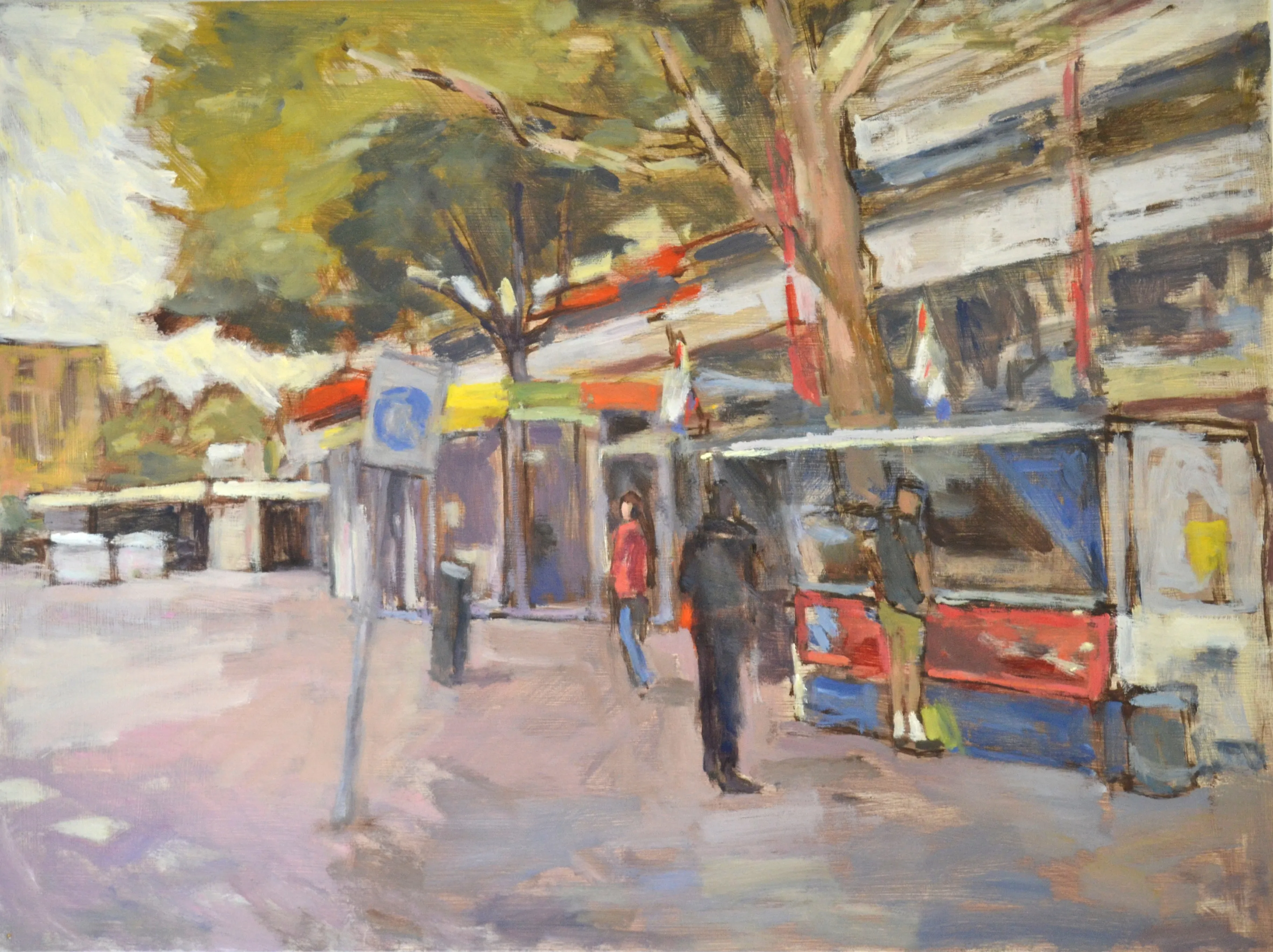 Impressionistic street scene with figures walking near trees and colorful awnings.