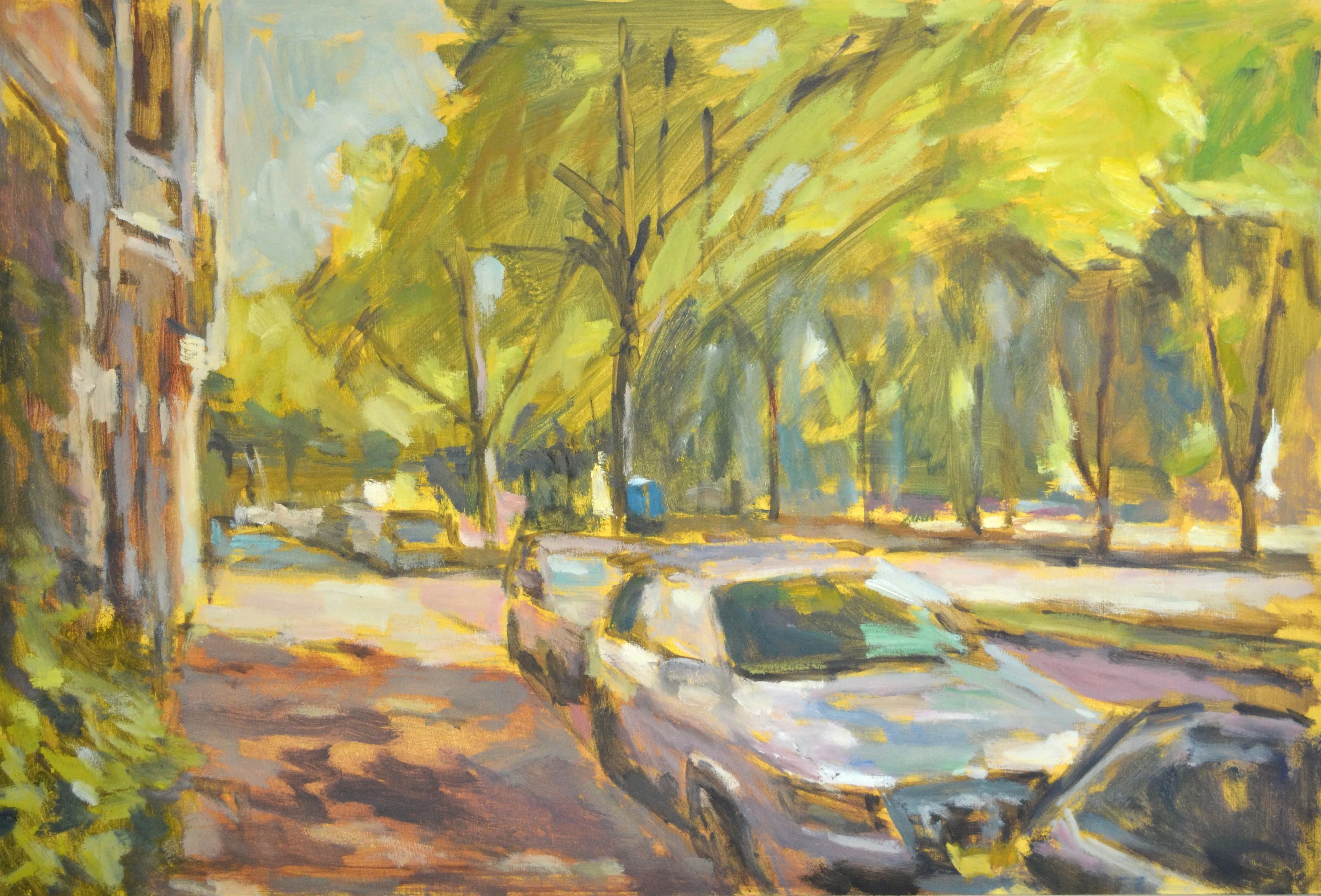Impressionist painting of a tree-lined street with parked cars and soft sunlight filtering through green foliage.