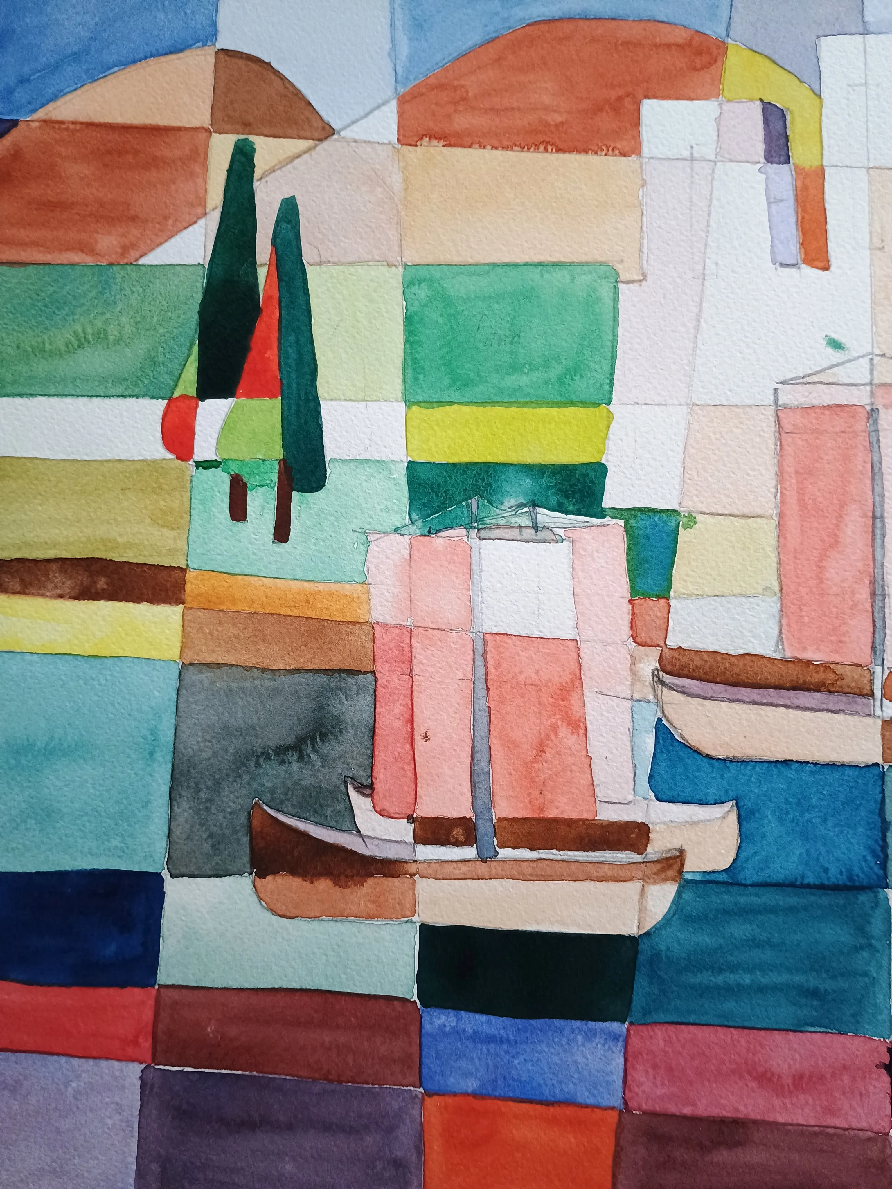 Abstract watercolor painting of sailboats on water with colorful geometric blocks and two tall trees in the background.