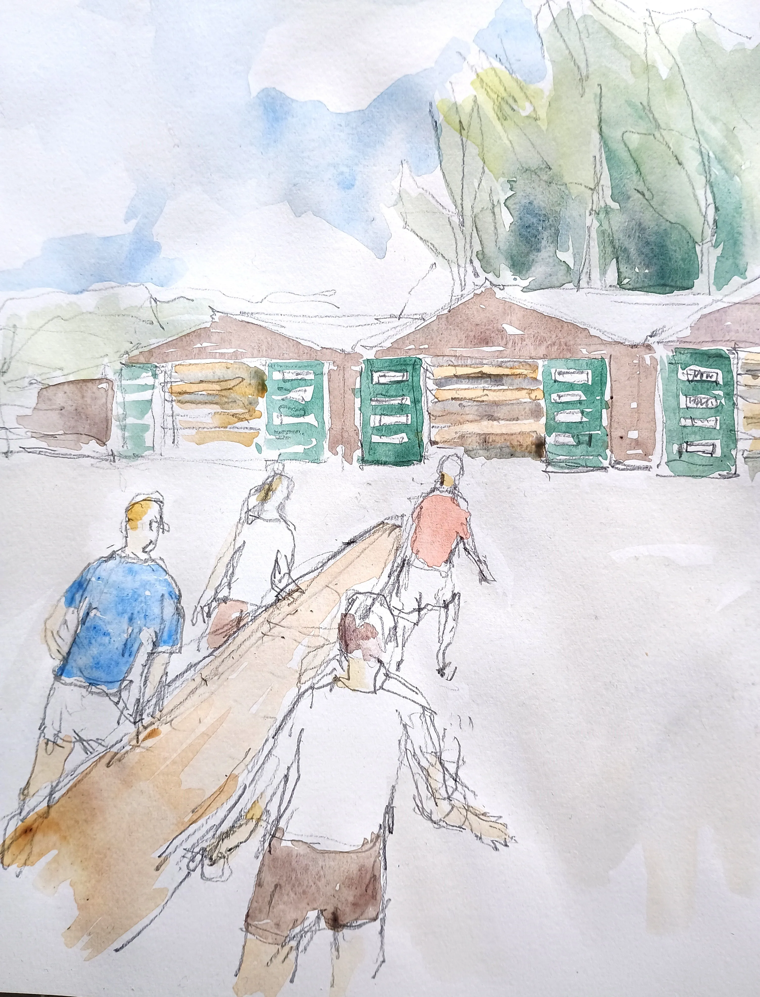 Watercolor sketch of four people walking along a path towards cabins with green doors and a background of trees under a blue sky.