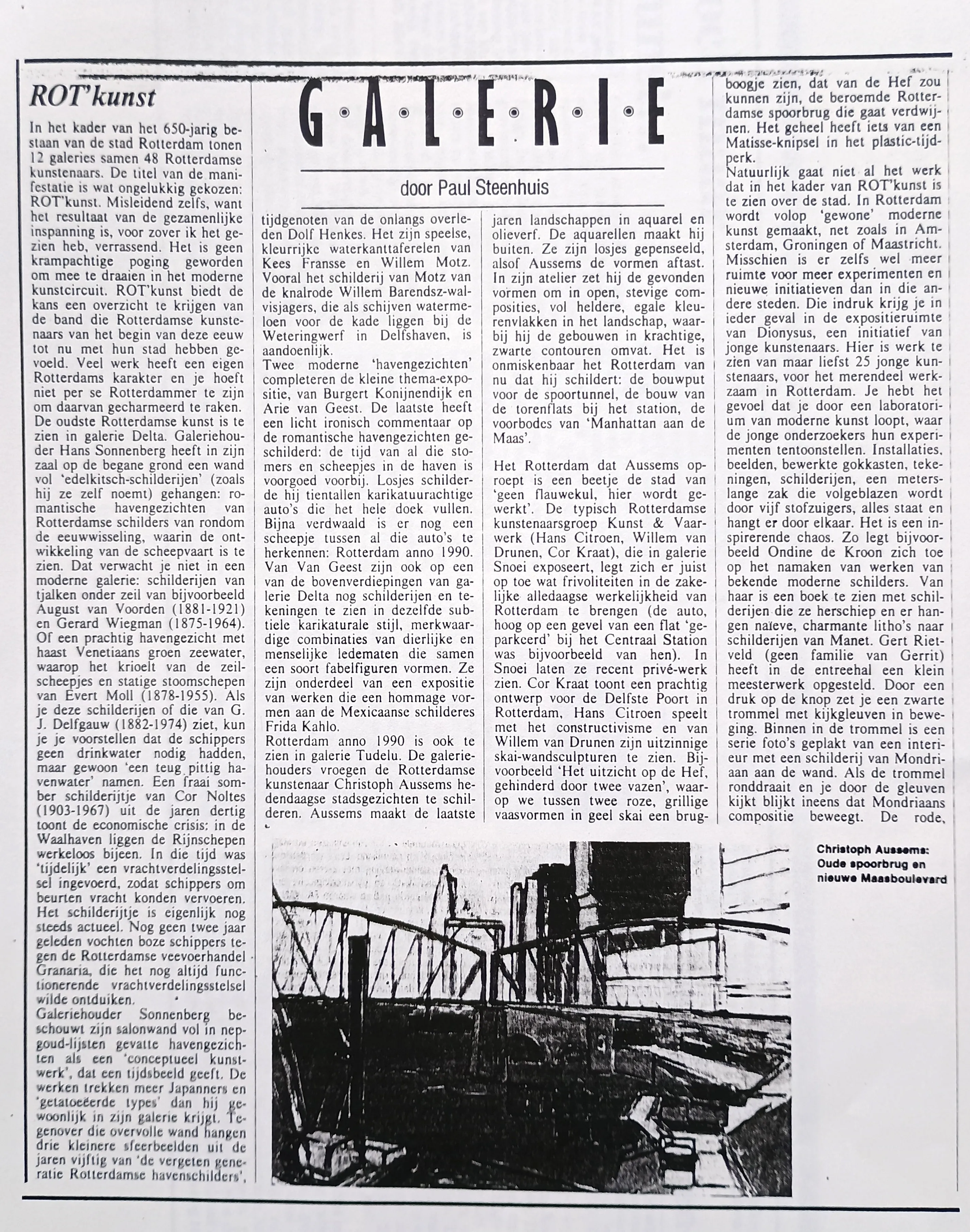 Black and white newspaper article titled 'GALERIE' by Paul Steenhuis with text in Dutch and a sketch of a bridge and buildings by Christoph Aussems.