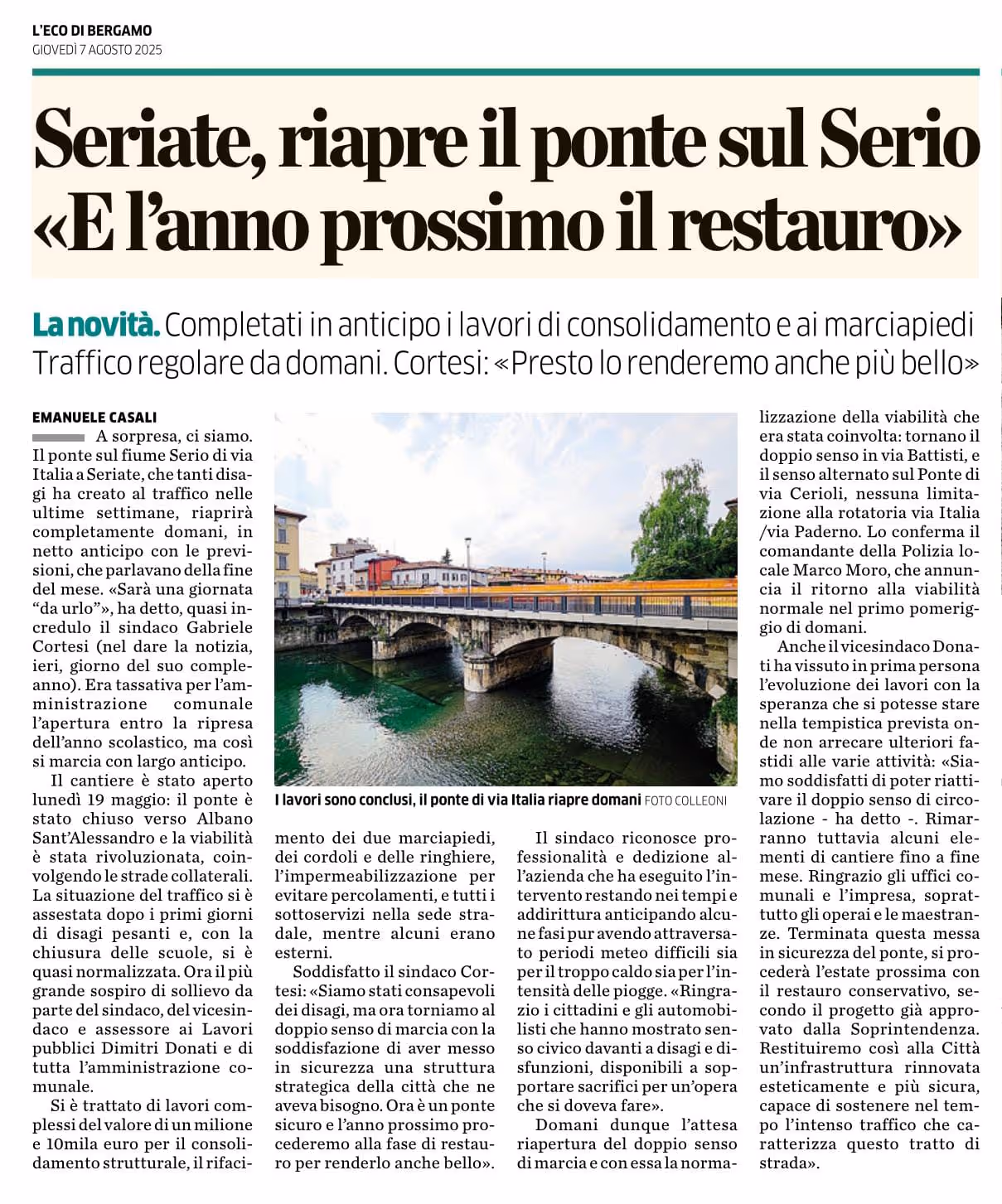 Articolo de L'Eco di Bergamo sulla riapertura del ponte sul Serio a Seriate con foto della struttura.