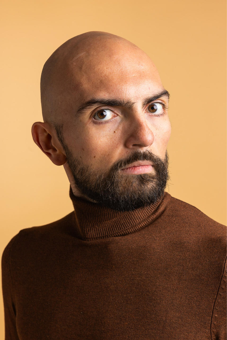 Portrait of a bald man with a beard wearing a brown turtleneck sweater against a beige background.