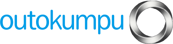 Outokumpu company logo with blue text and a circular metallic swirl symbol.