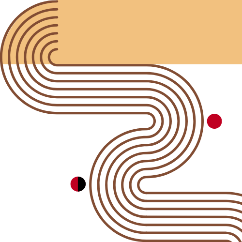 Abstract geometric design with brown curved parallel lines forming a winding path and two small dots—one solid red and one half red, half black—on a split background of tan and dark green.