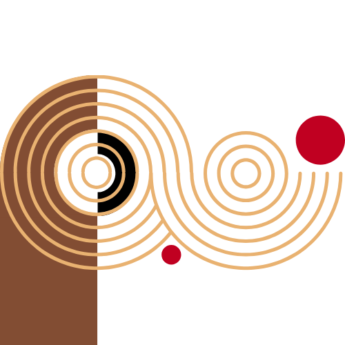 Abstract design with interlocking concentric circles in tan and black, connected by a wavy tan line, flanked by two red circles against a brown vertical rectangle on the left.