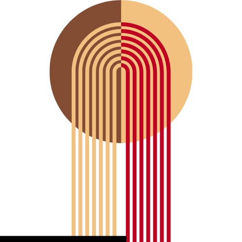 Abstract graphic of a circle split vertically with concentric arches extending downward in beige, brown, and red tones.