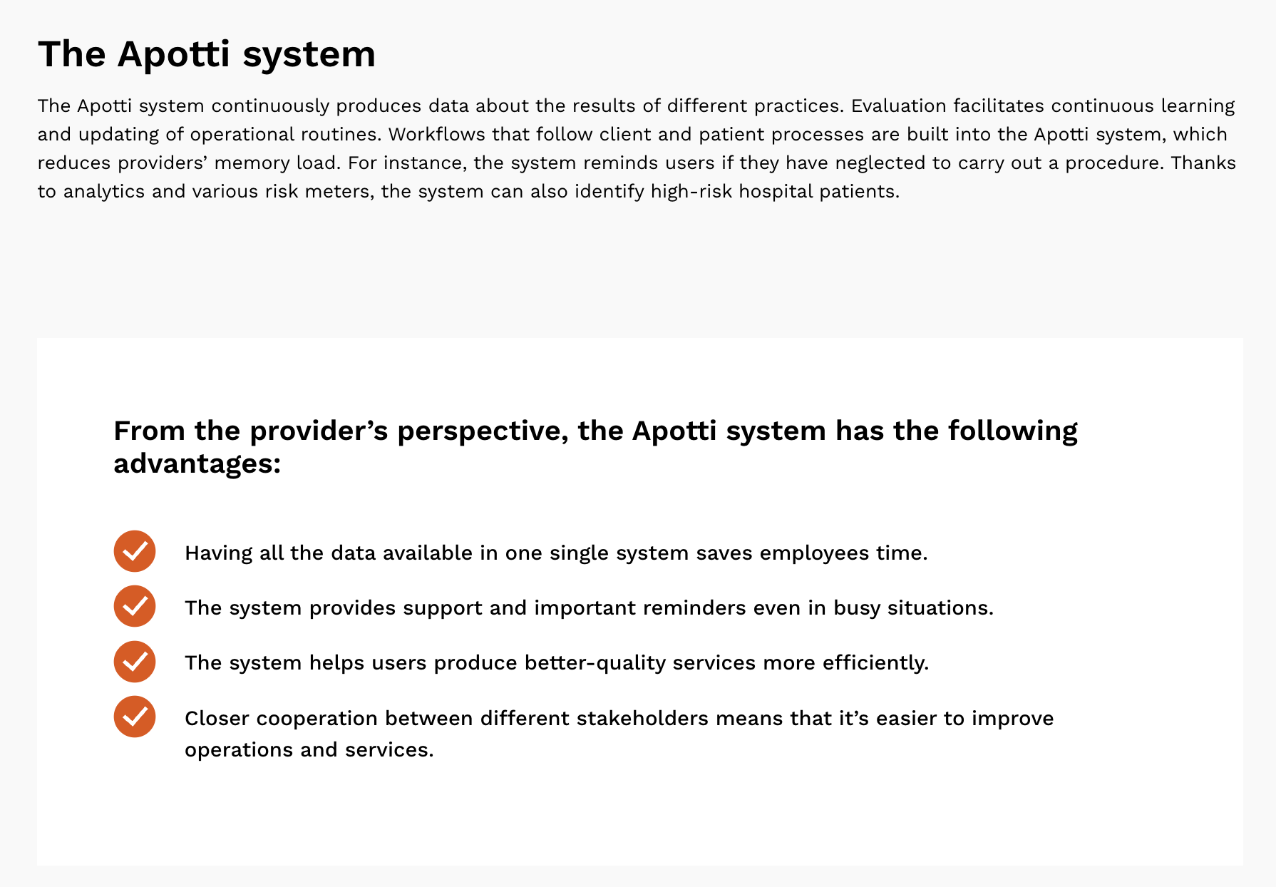 Text describing the Apotti system's continuous data production and evaluation benefits, highlighting advantages such as saving employee time, providing support and reminders, helping produce better-quality services, and enabling closer cooperation among stakeholders.