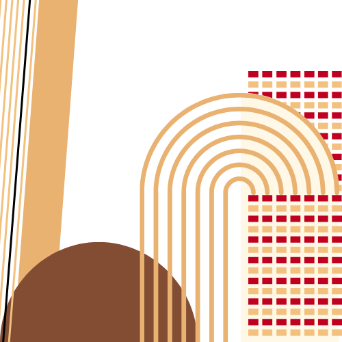 Abstract geometric design with overlapping brown semi-circle, beige arches, and red and beige grid patterns on a transparent background.
