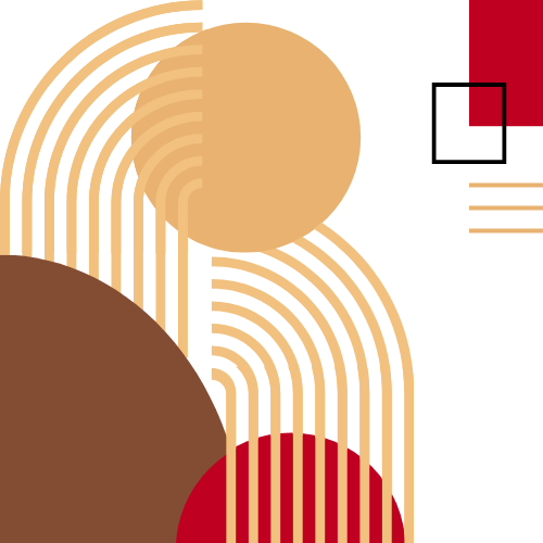 Abstract geometric design with large brown, beige, and red circles, curved beige lines, a small red square, and a black outlined square on a transparent background.