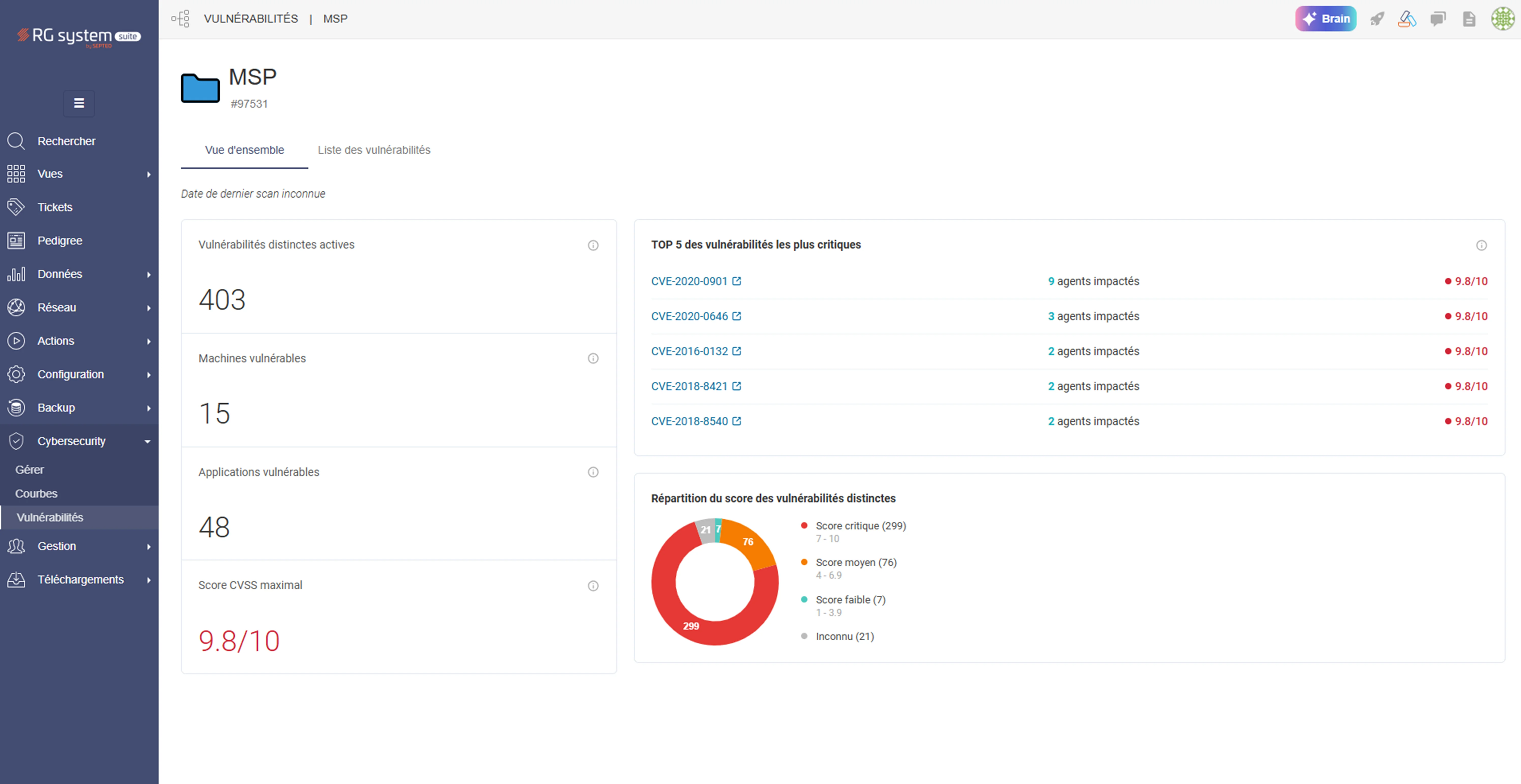 Tableau de bord RG System Suite affichant les vulnérabilités logicielles détectées, leur criticité et leur score CVSS