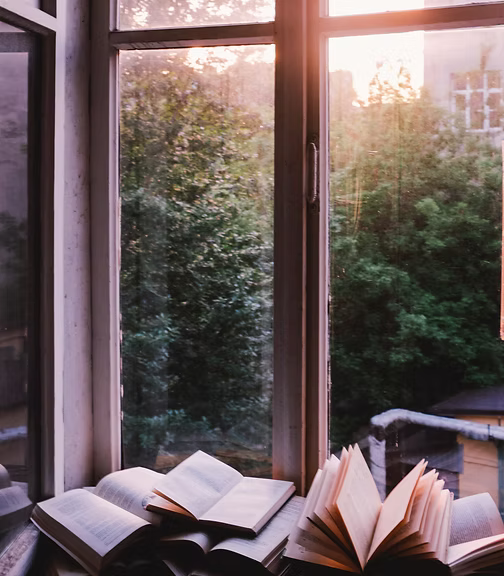 Open books on a windowsill with sunlight streaming through a window overlooking green trees.