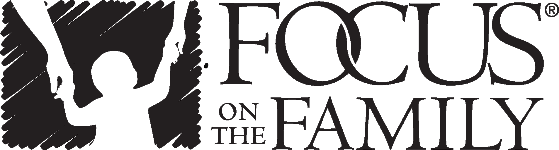 Focus on the Family logo featuring a silhouette of two adults holding up a child with intertwined rings in the word Focus.