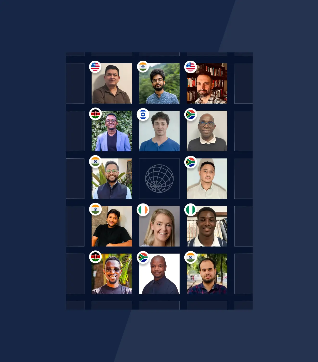 Grid of diverse professional headshots with country flags including USA, India, Kenya, Israel, South Africa, Ireland, and Nigeria, surrounding a central globe icon.