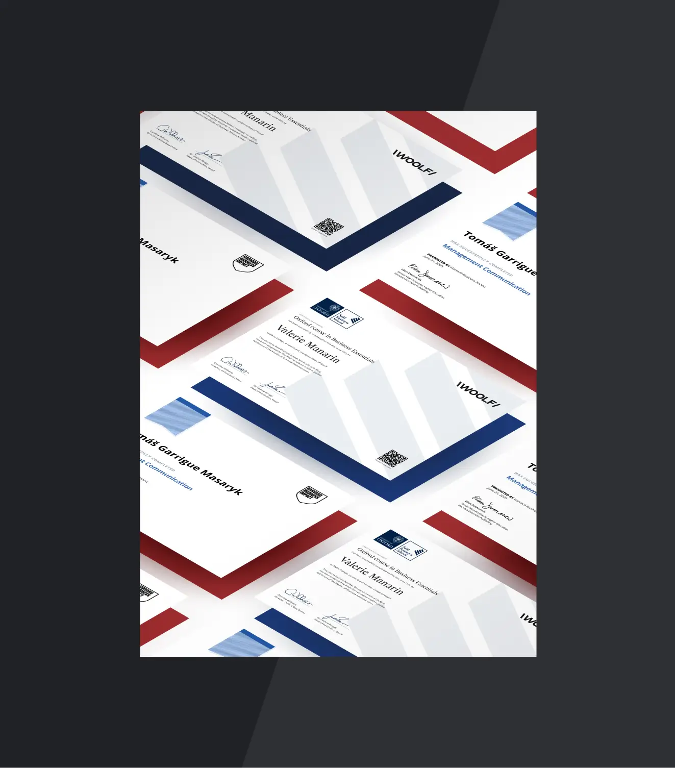 Multiple certificates for completing Oxford course in Business Essentials and Management Communication by individuals Valerie Manarin and Tomáš Garrigue Masaryk.